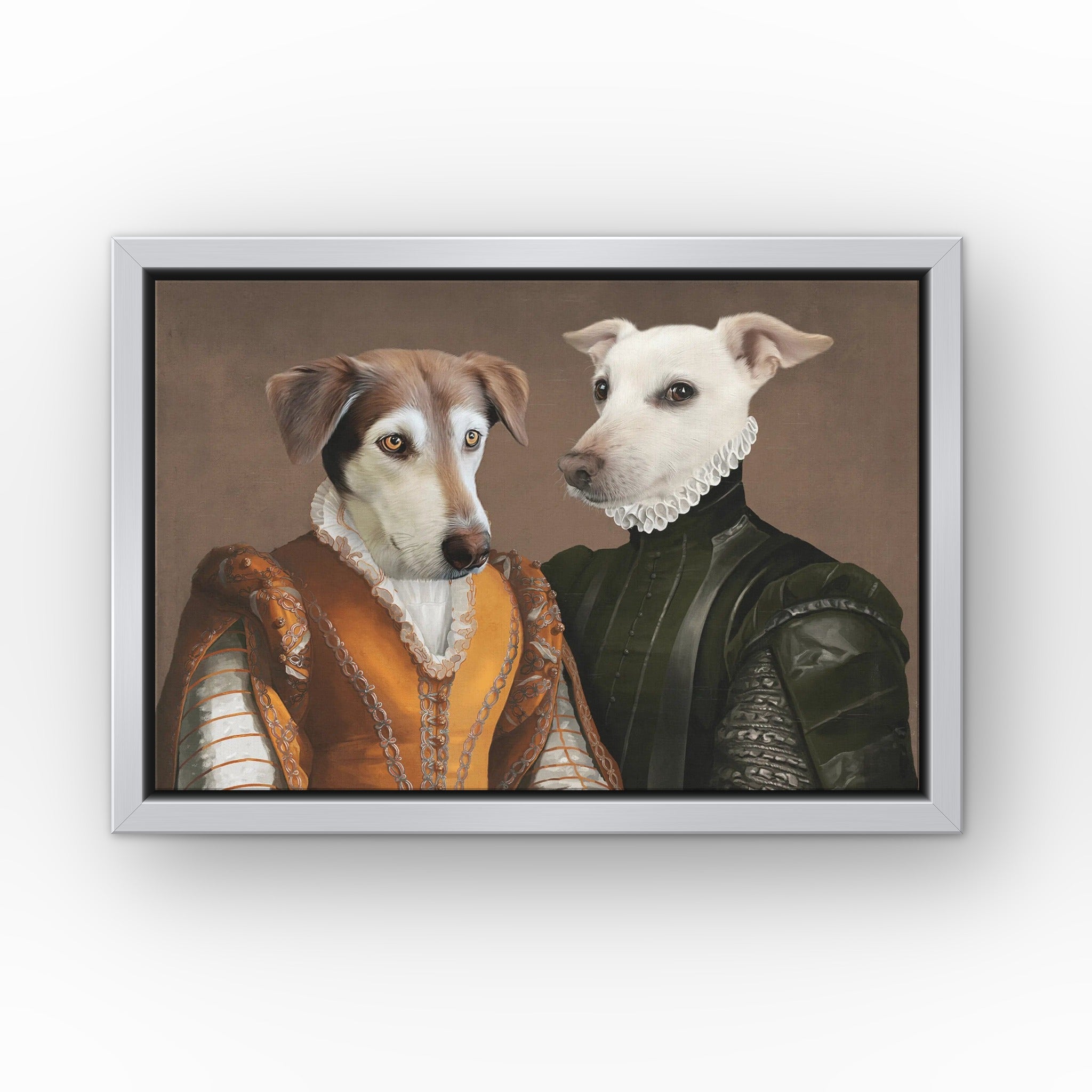 The Classy Couple custom pet canvas in a silver floating frame