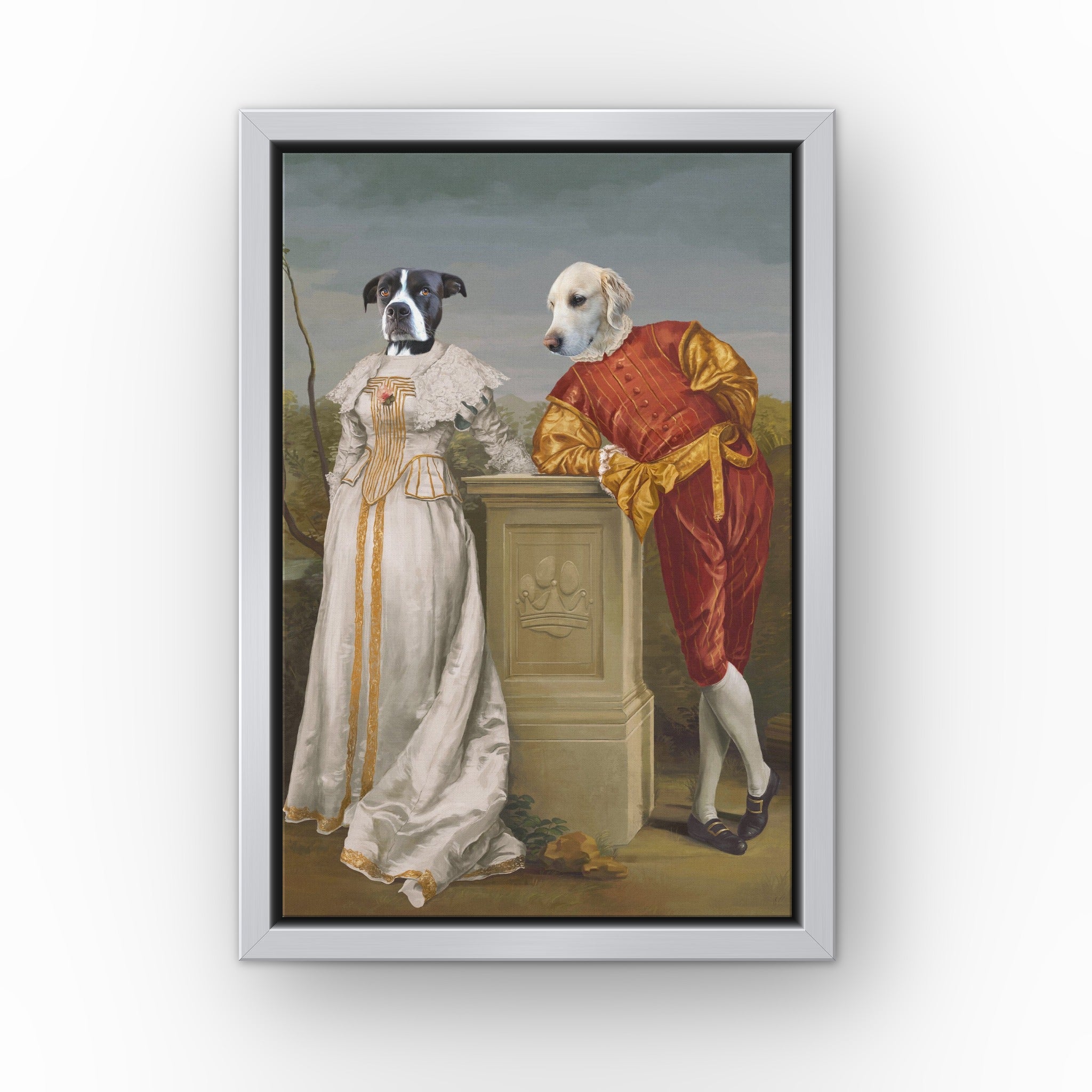 The Courtly Couple custom pet canvas in a silver floating frame