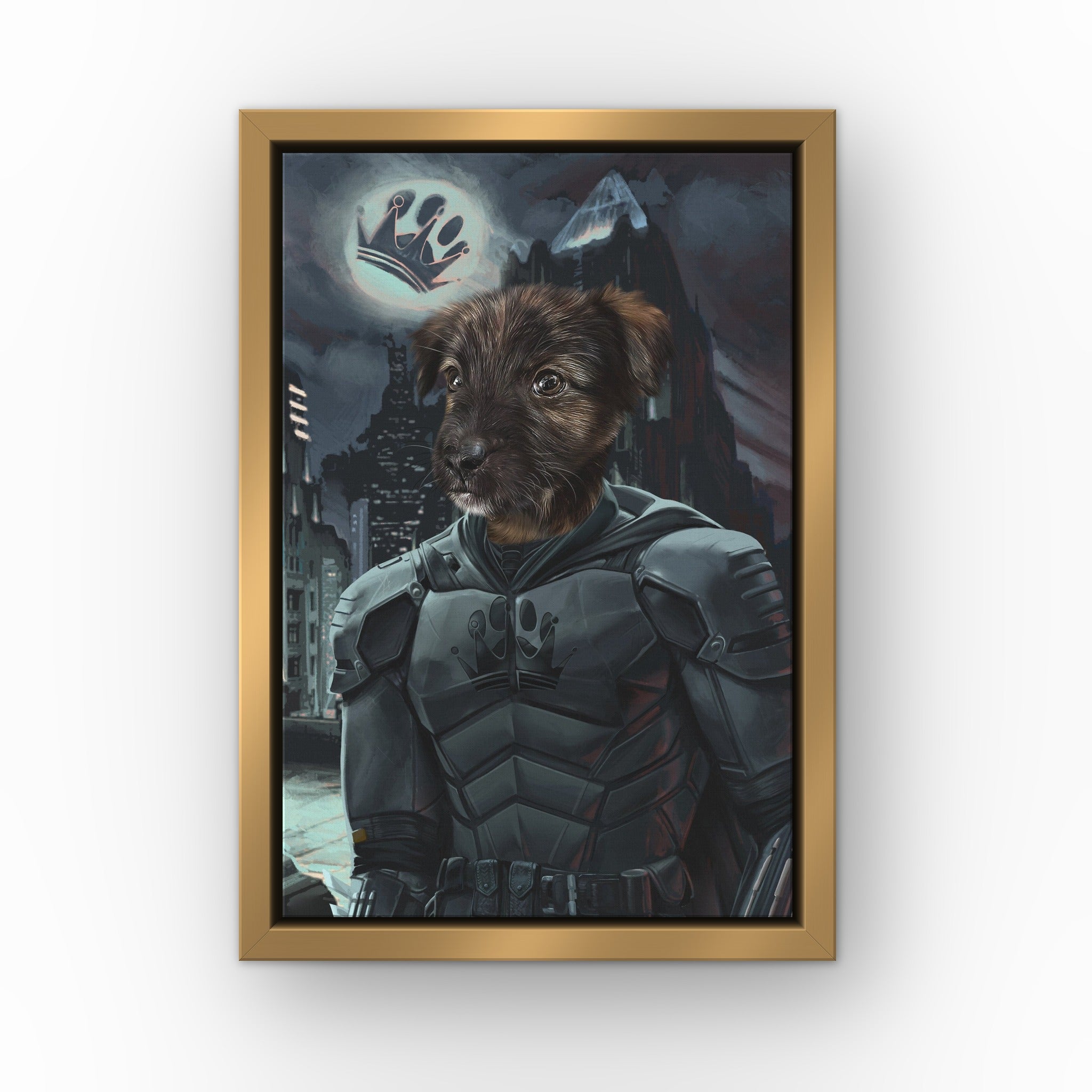 The Dark Bruce custom pet canvas in a gold floating frame
