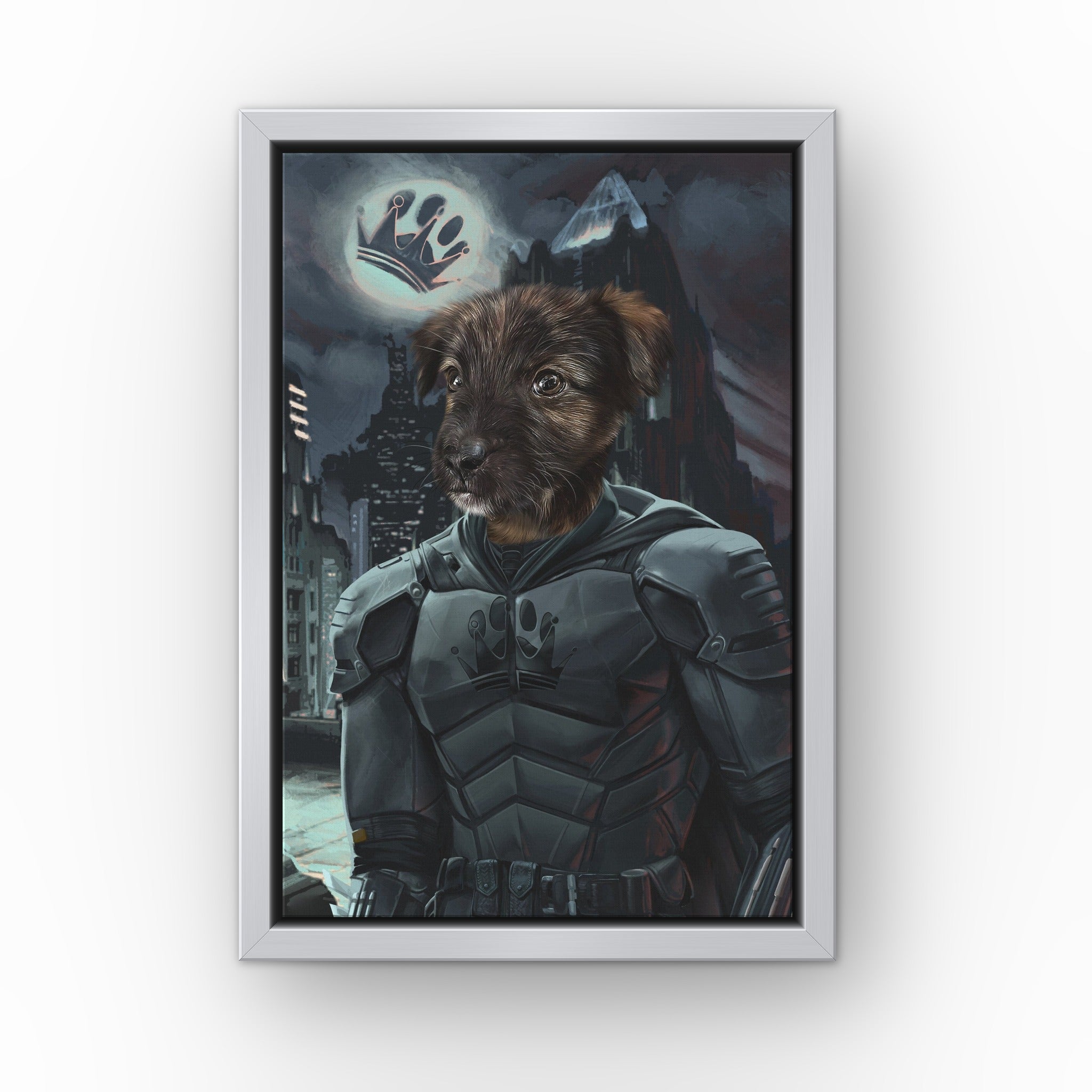 The Dark Bruce custom pet canvas in a silver floating frame