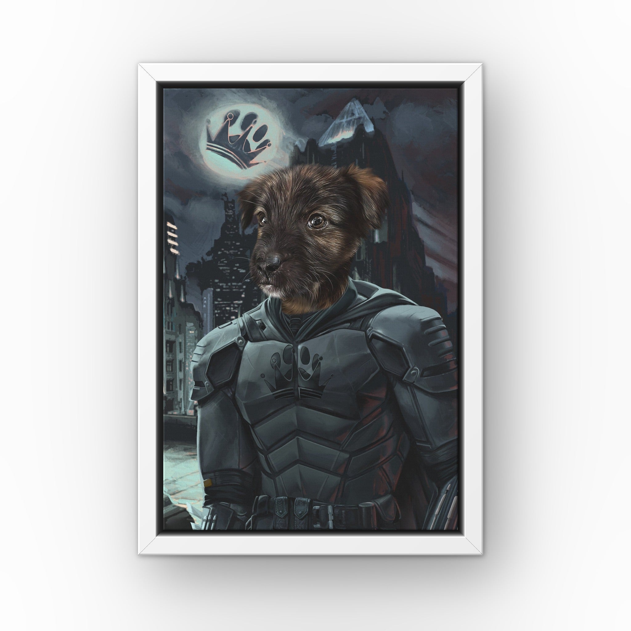 The Dark Bruce custom pet canvas in a white floating frame