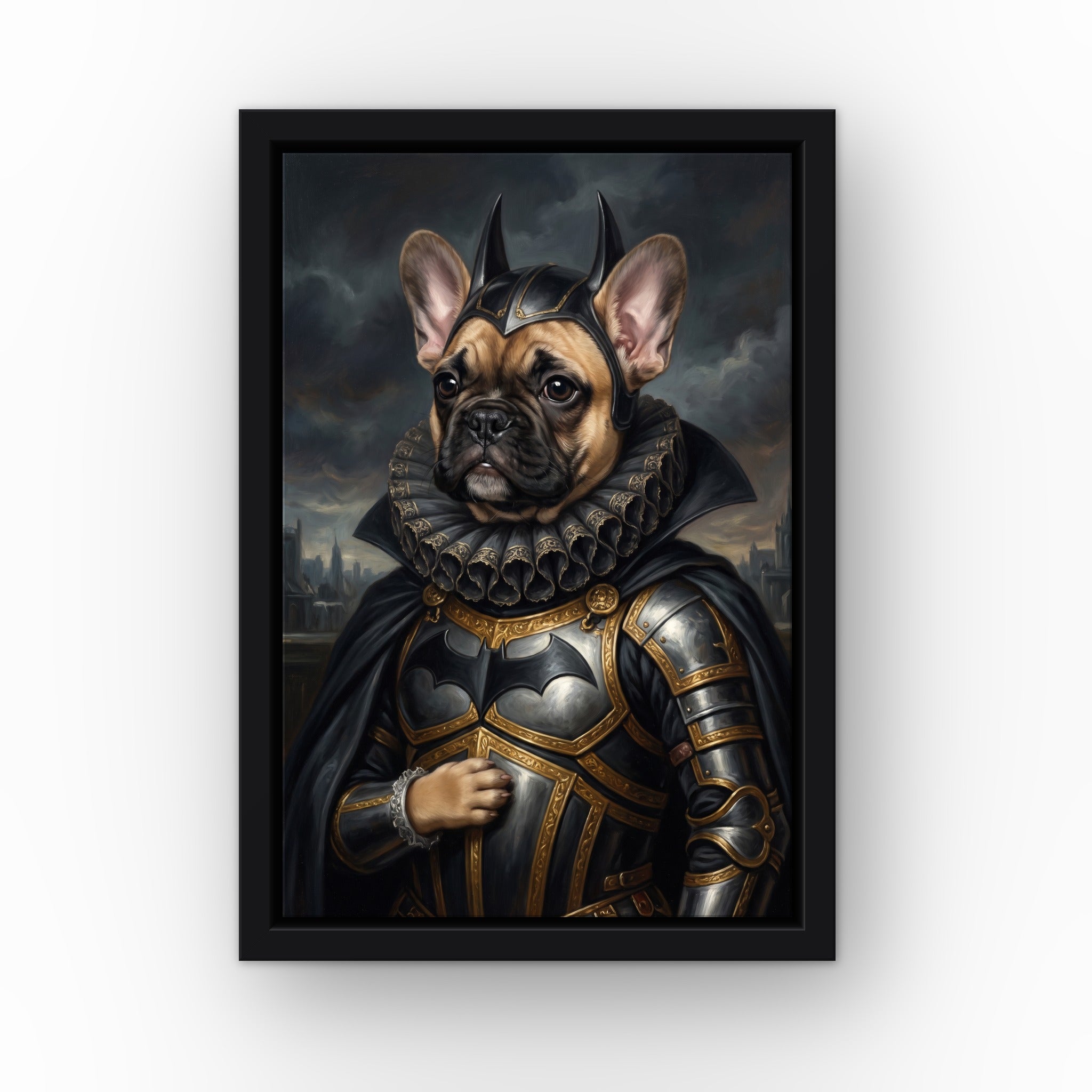 The Dark Hero custom pet canvas in a black floating frame