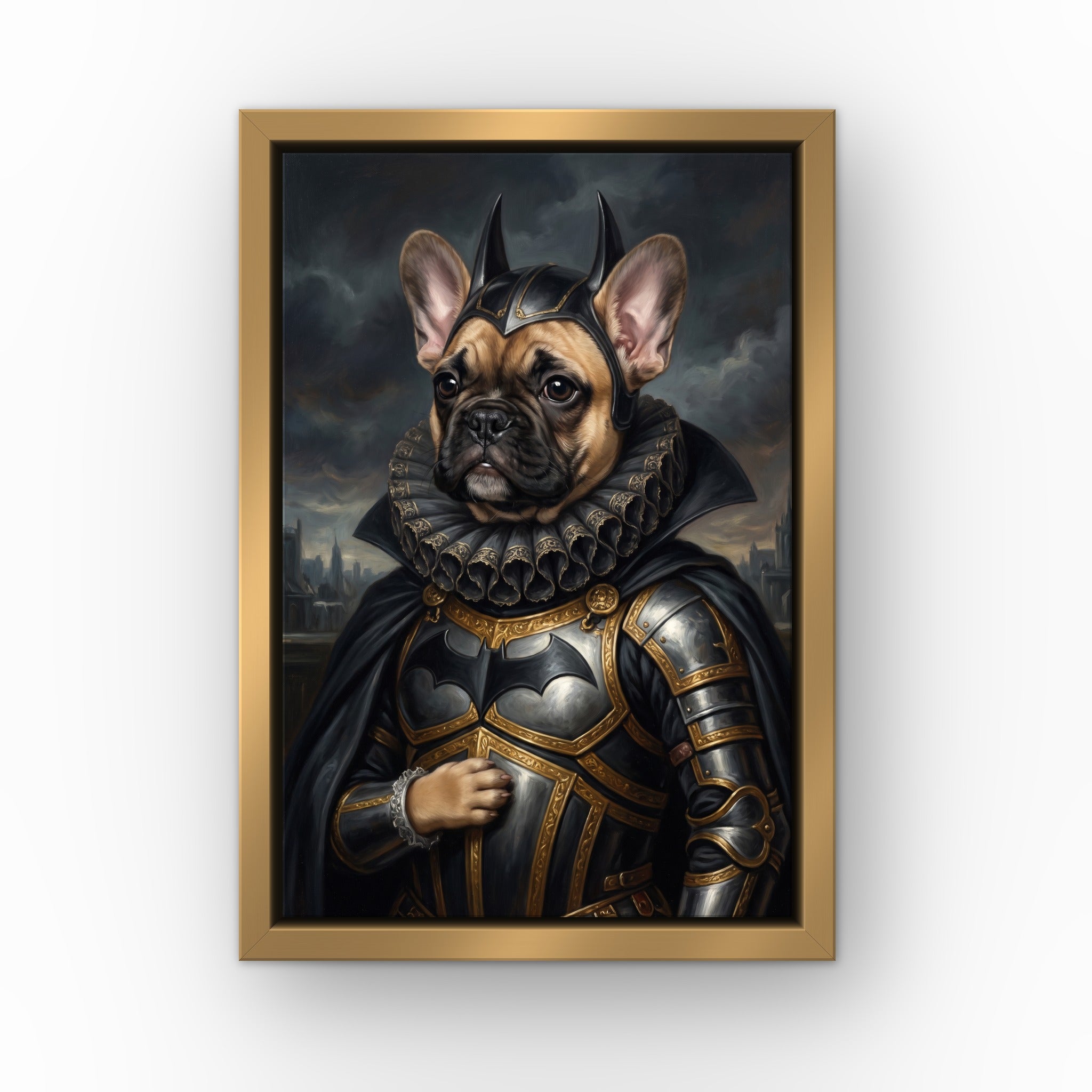 The Dark Hero custom pet canvas in a gold floating frame