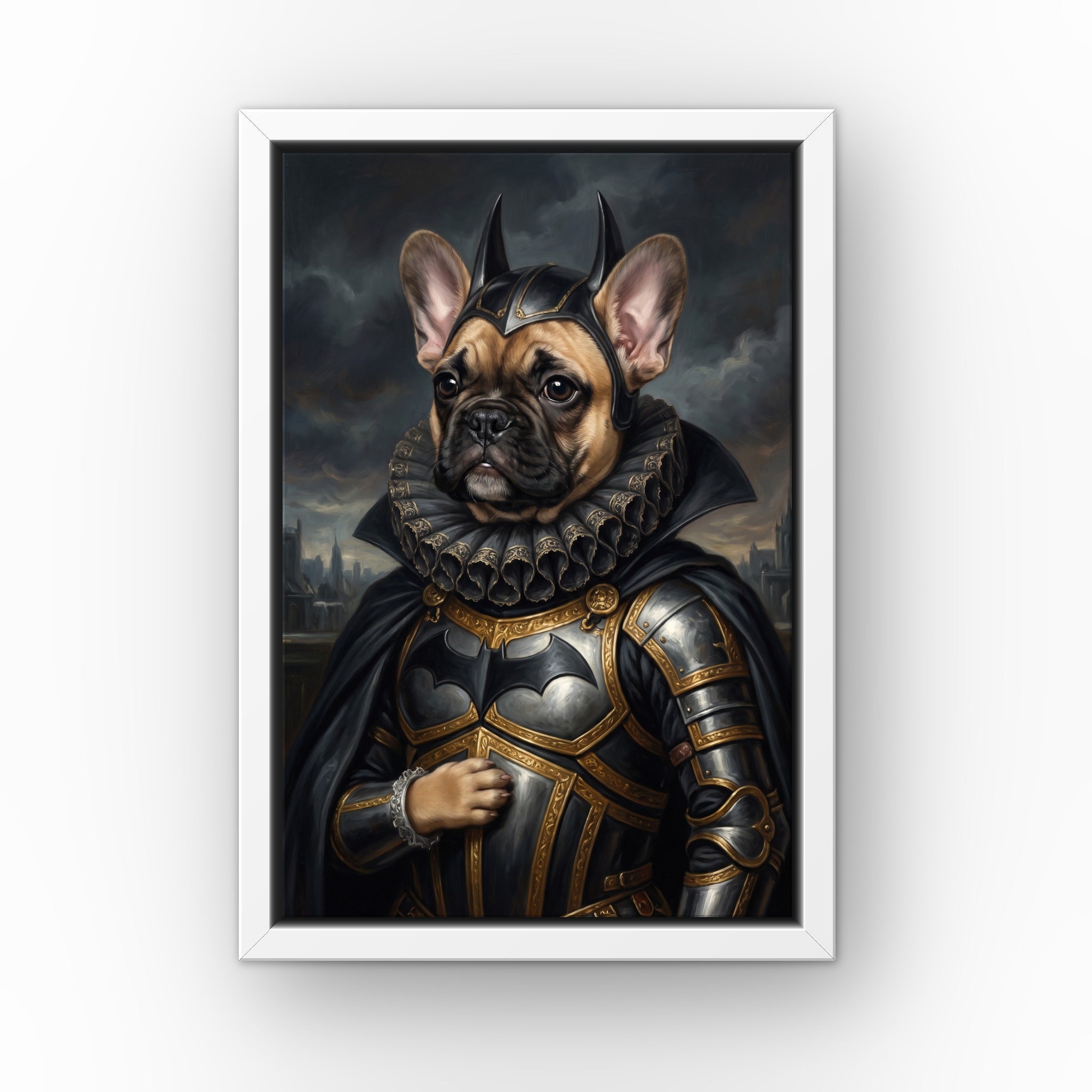 The Dark Hero custom pet canvas in a white floating frame