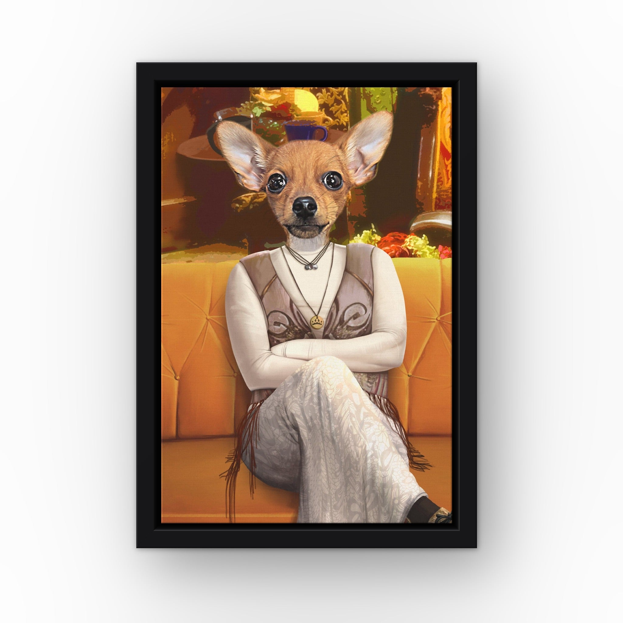 The Ditzy Friend custom pet canvas in a black floating frame