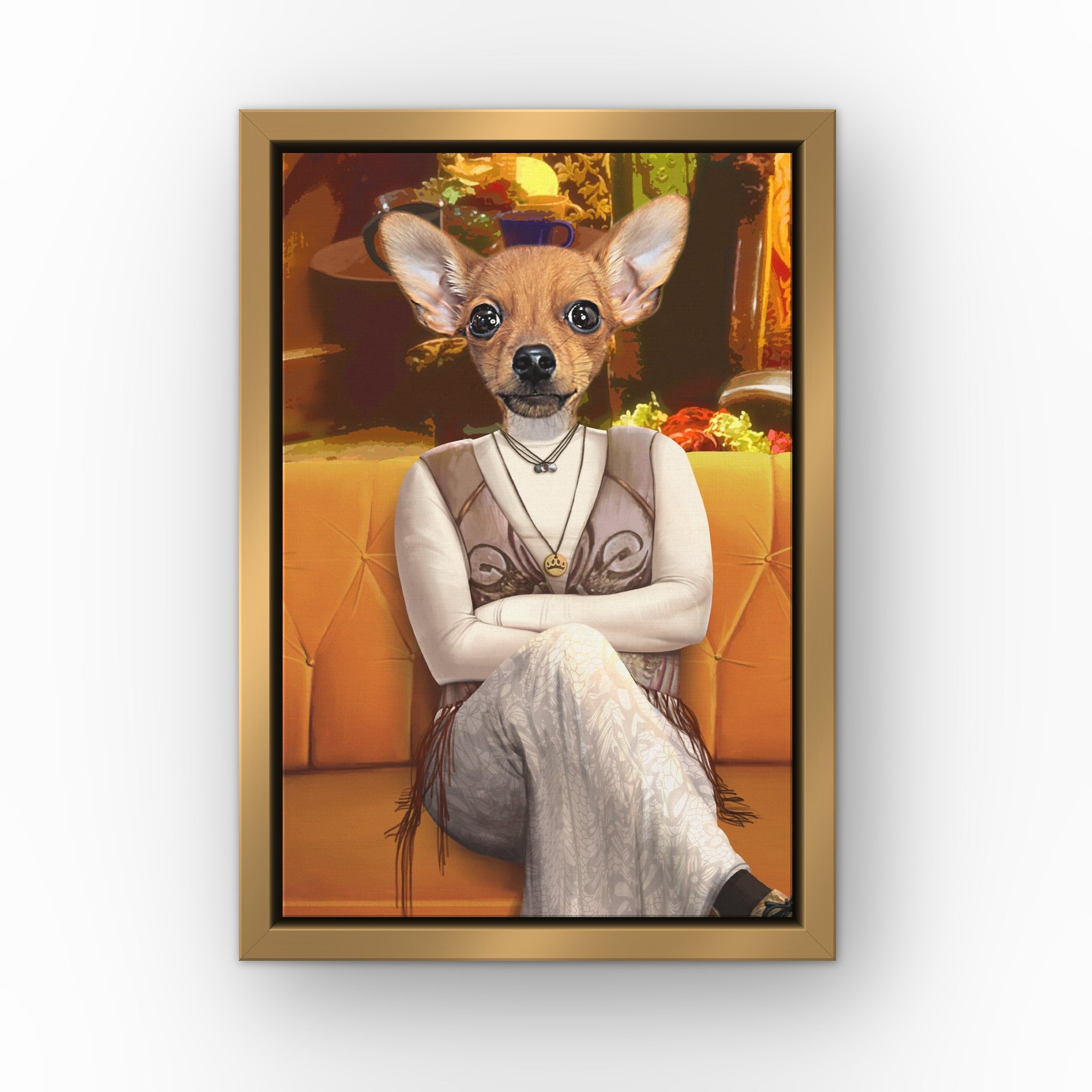The Ditzy Friend custom pet canvas in a gold floating frame