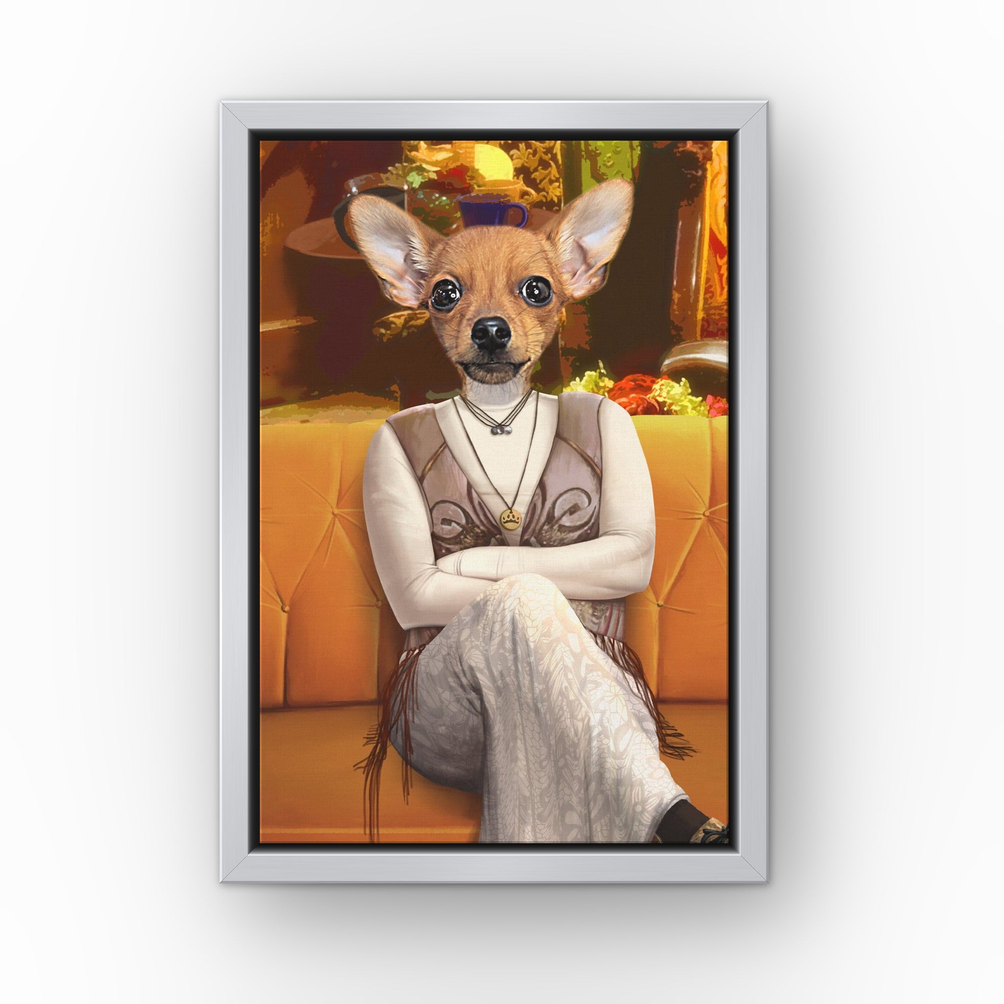 The Ditzy Friend custom pet canvas in a silver floating frame