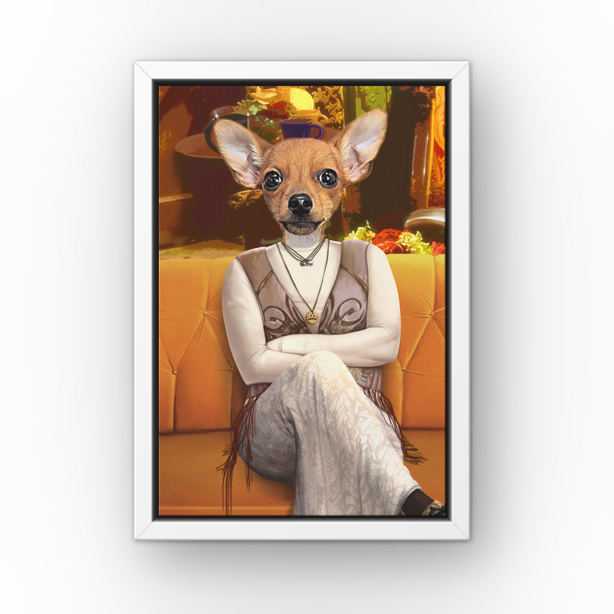 The Ditzy Friend custom pet canvas in a white floating frame