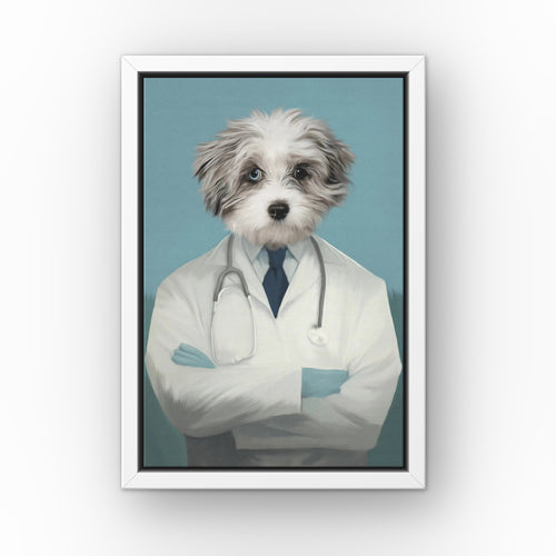 The Doctor custom pet canvas in a white floating frame