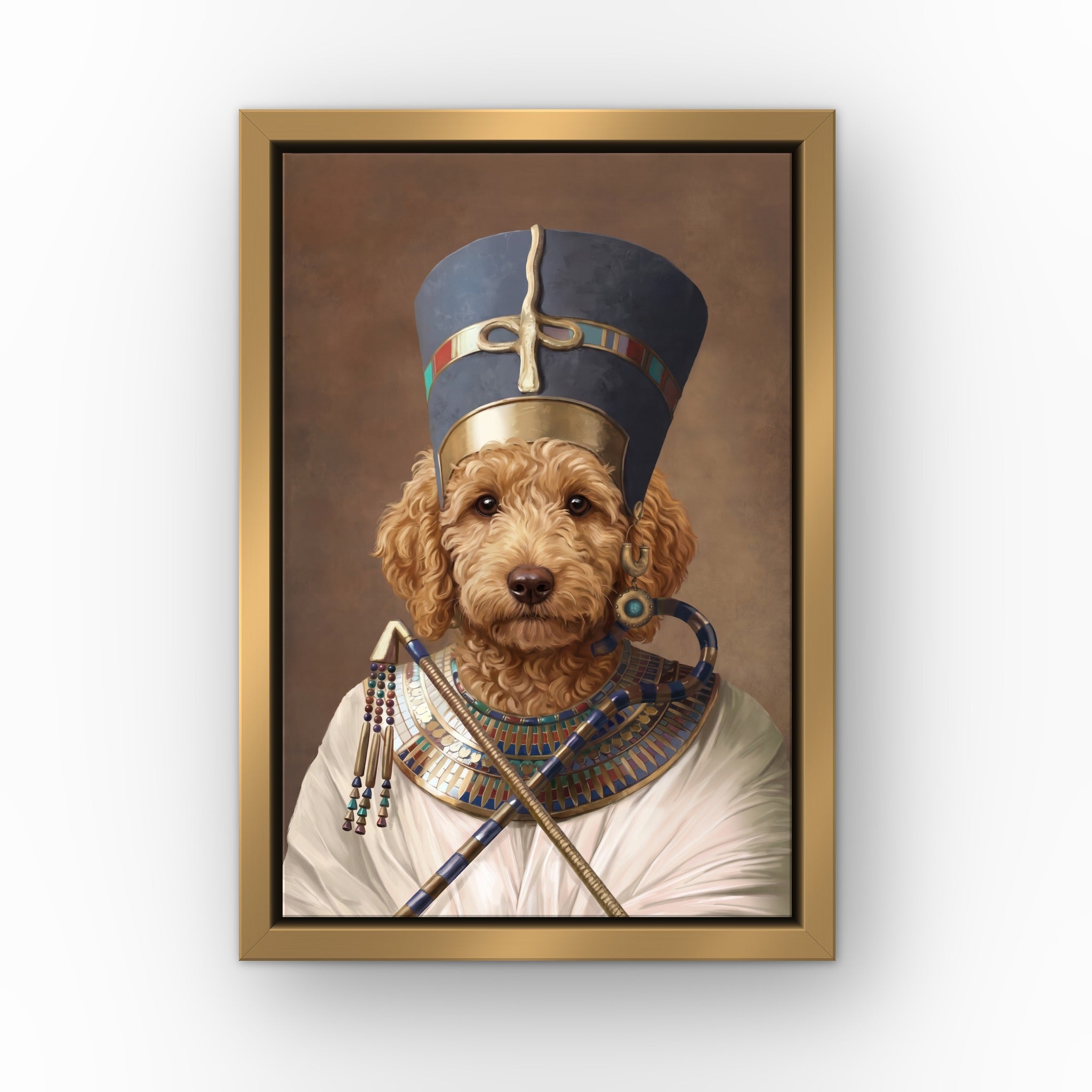 The Egyptian Queen custom pet canvas in a gold floating frame