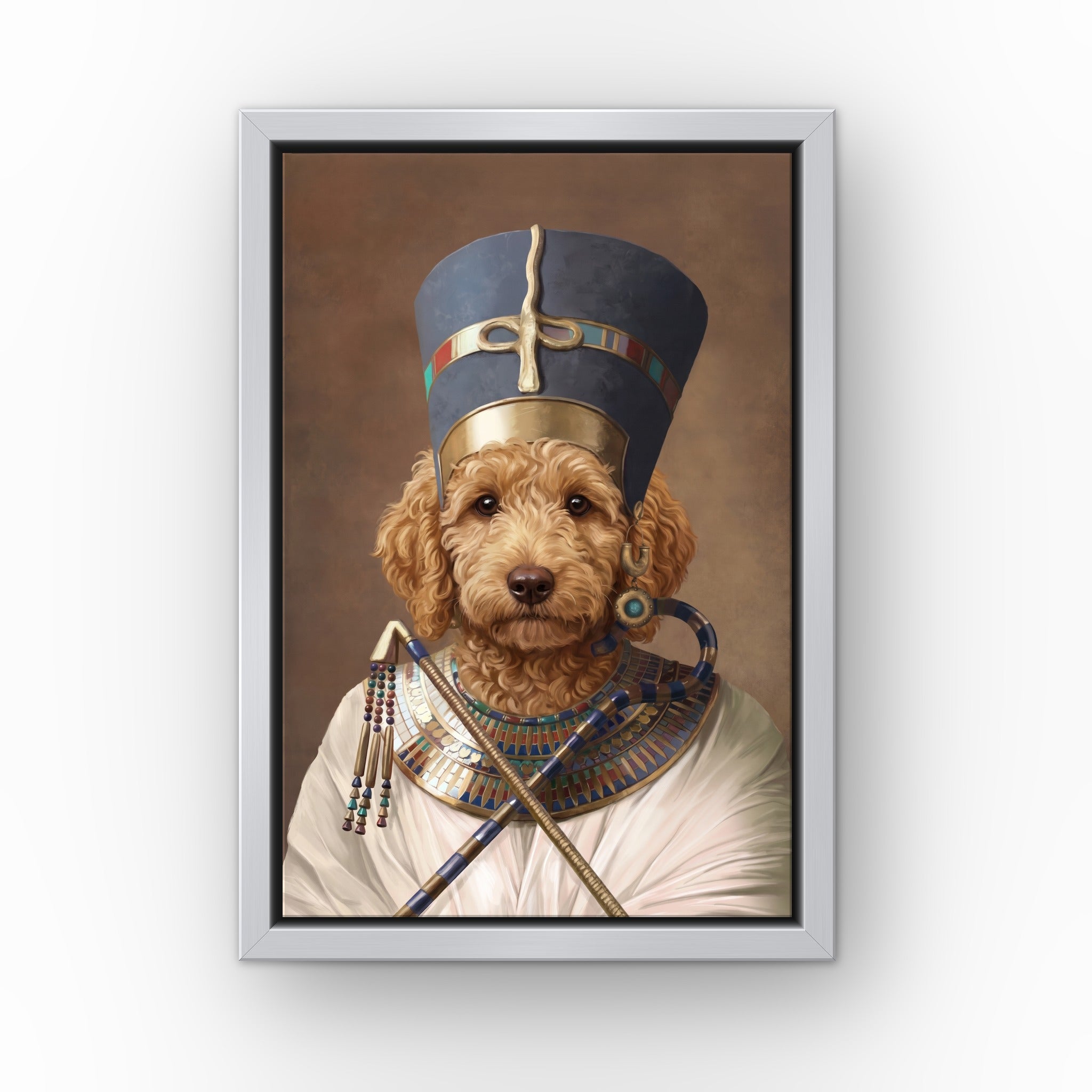 The Egyptian Queen custom pet canvas in a silver floating frame