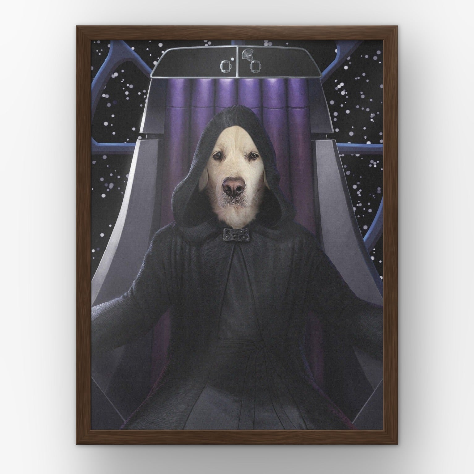 The Empawror custom pet poster in a walnut frame