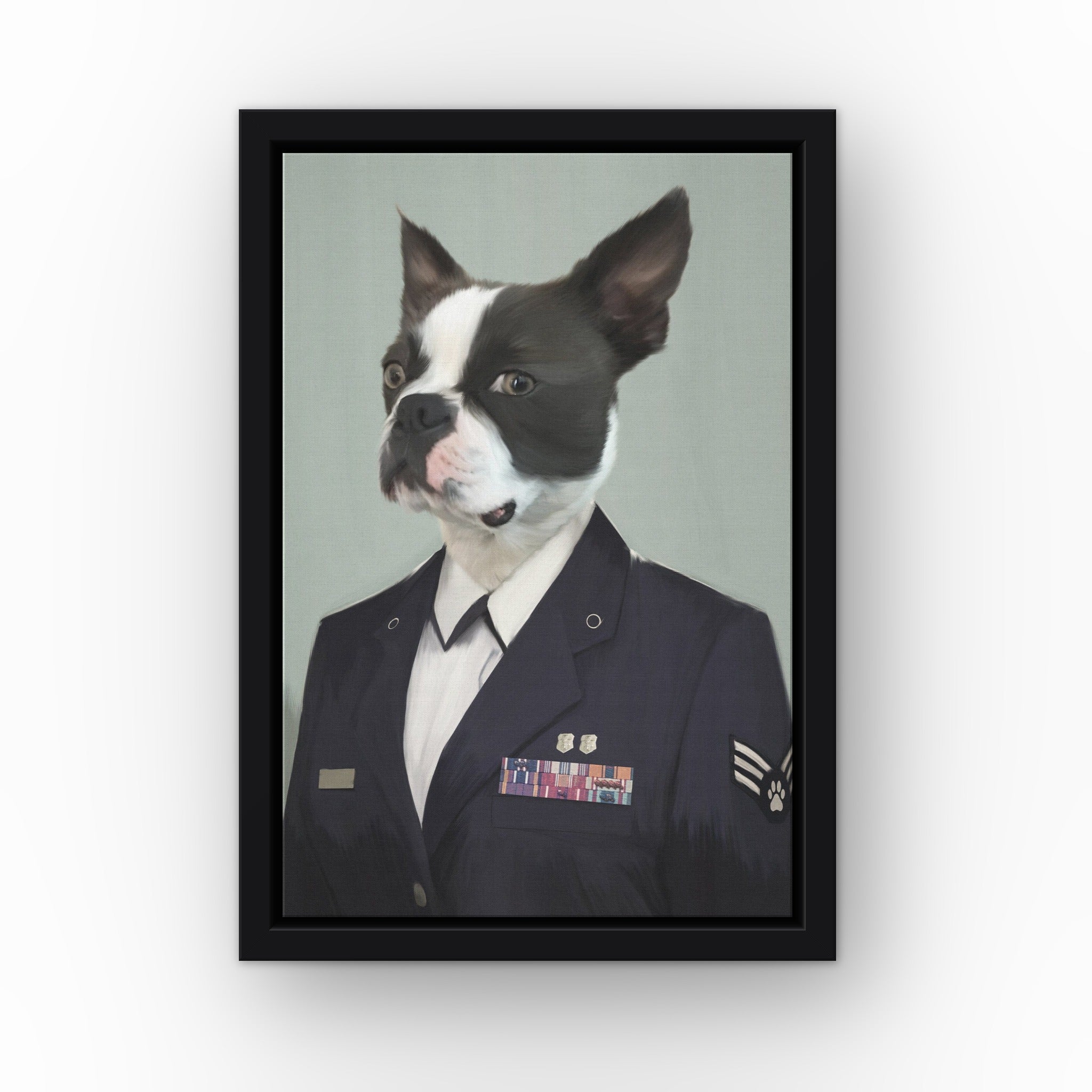 The Female Air Officer custom pet canvas in a black floating frame