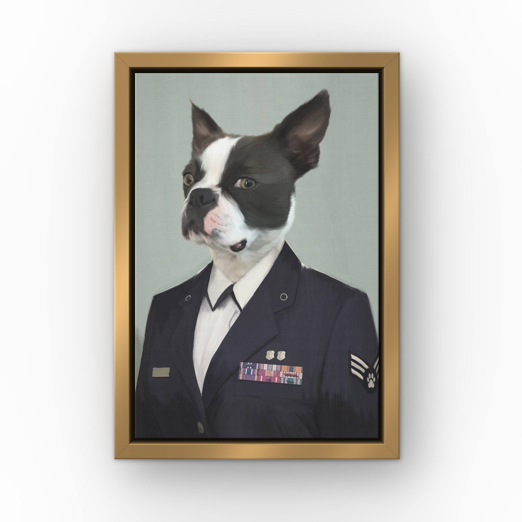 The Female Air Officer custom pet canvas in a gold floating frame
