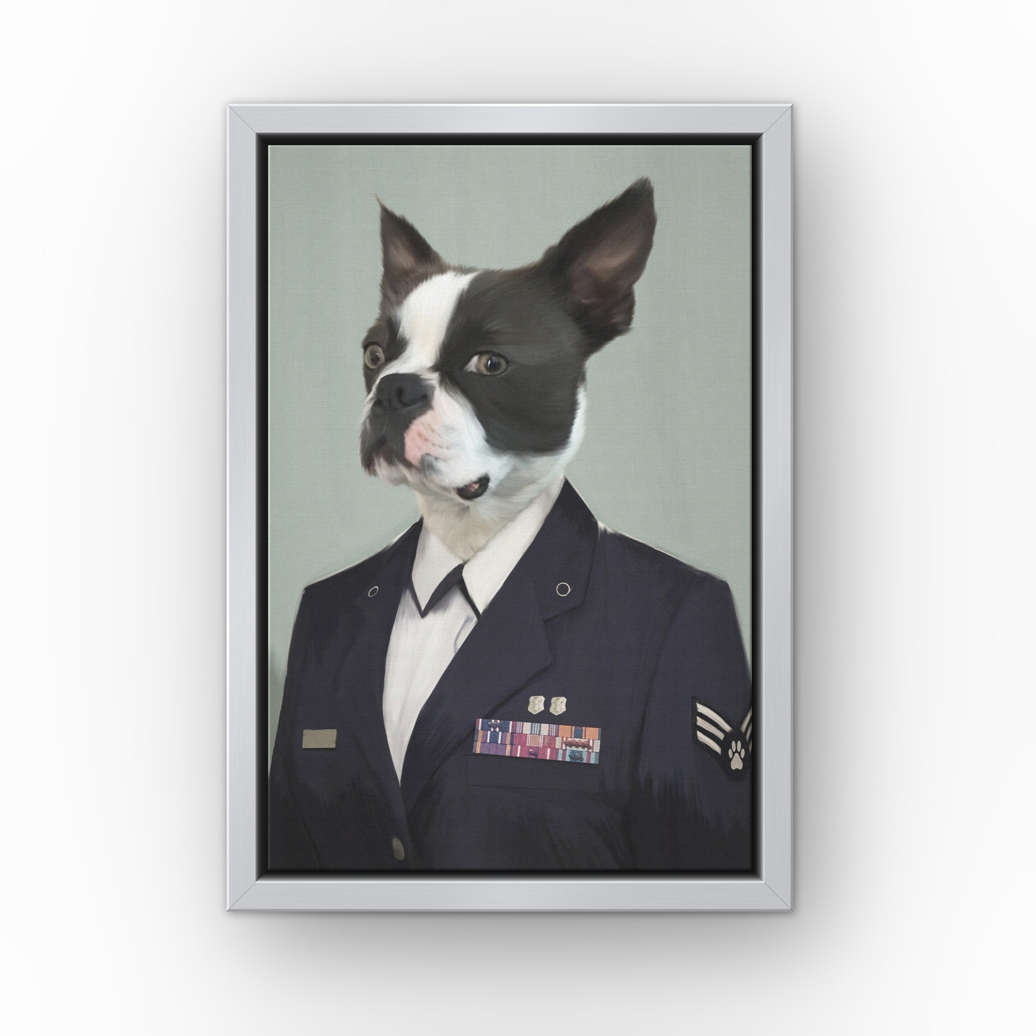 The Female Air Officer custom pet canvas in a silver floating frame