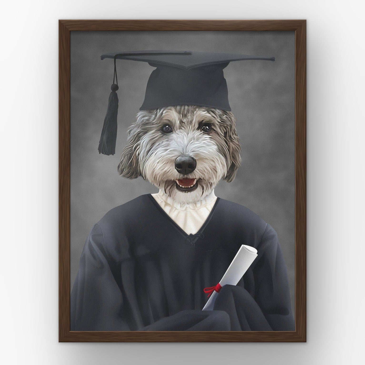 The Female Graduate custom pet poster in a walnut frame