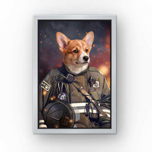 The Firefighter custom pet canvas in a silver floating frame