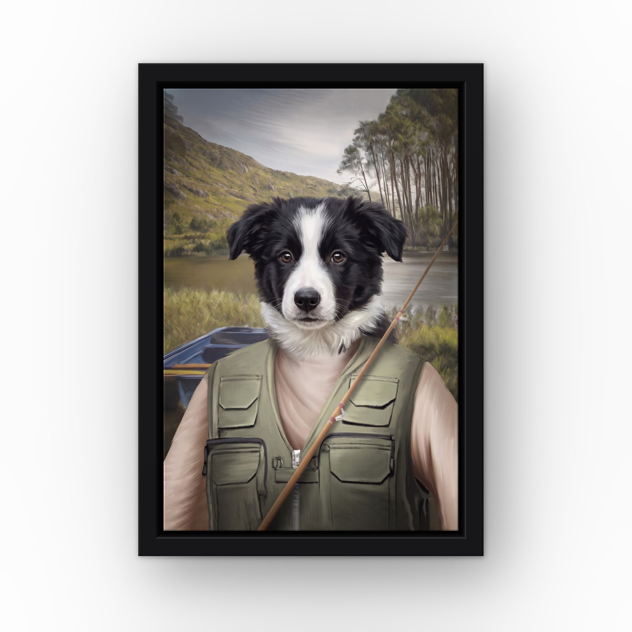 The Fisherman custom pet canvas in a black floating frame
