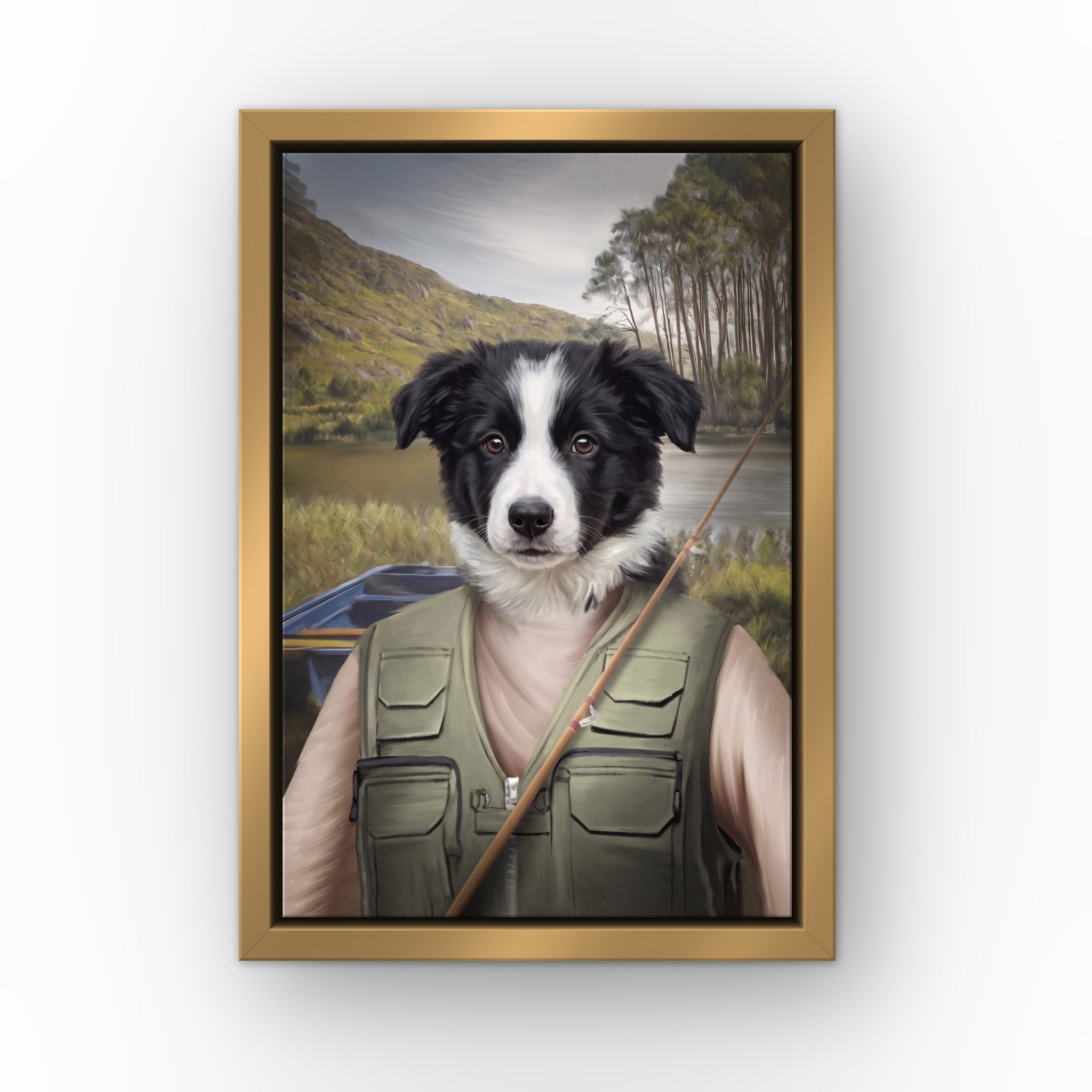 The Fisherman custom pet canvas in a gold floating frame