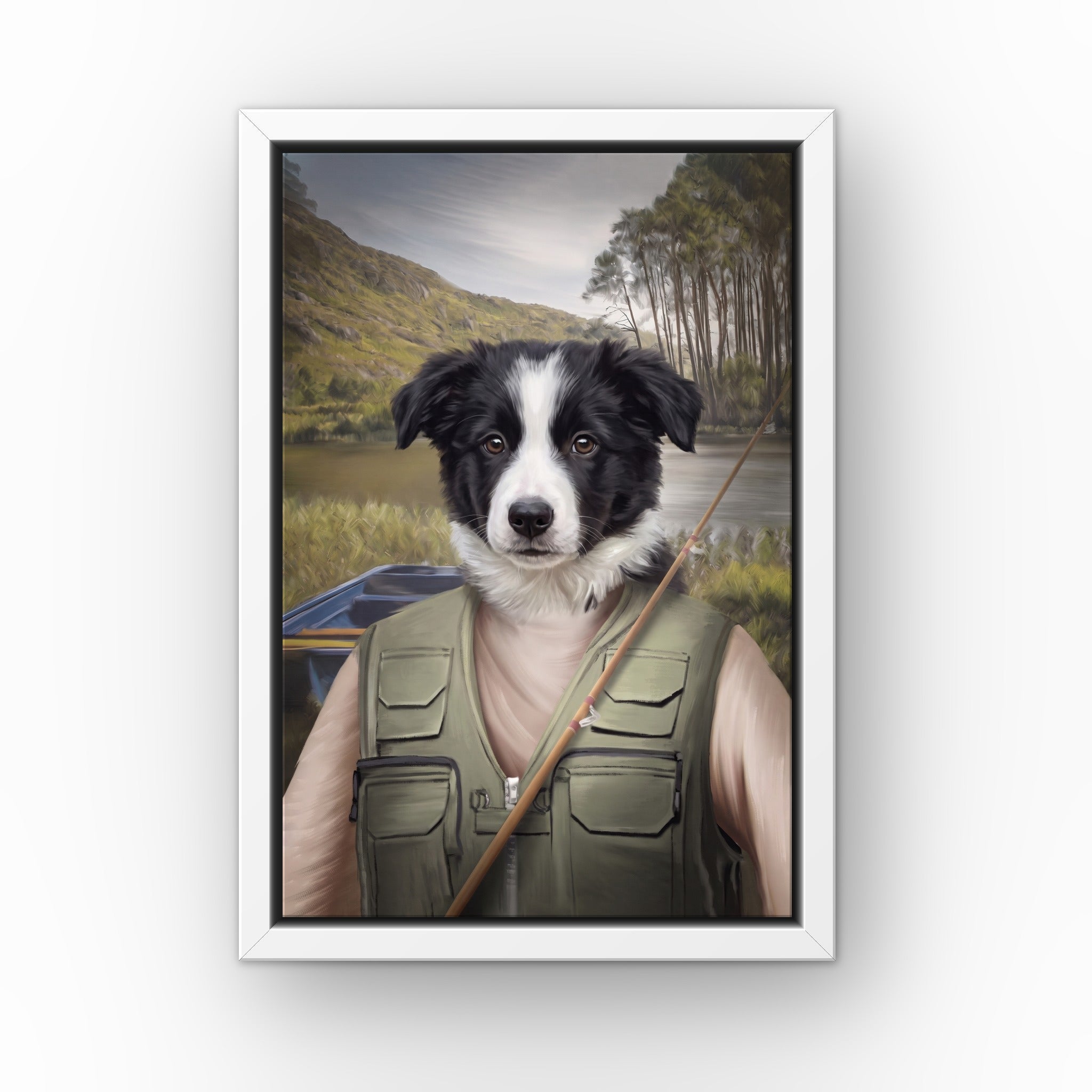 The Fisherman custom pet canvas in a white floating frame