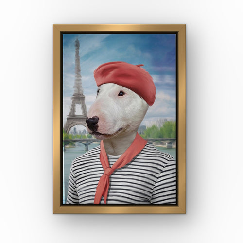 The Frenchie custom pet canvas in a gold floating frame