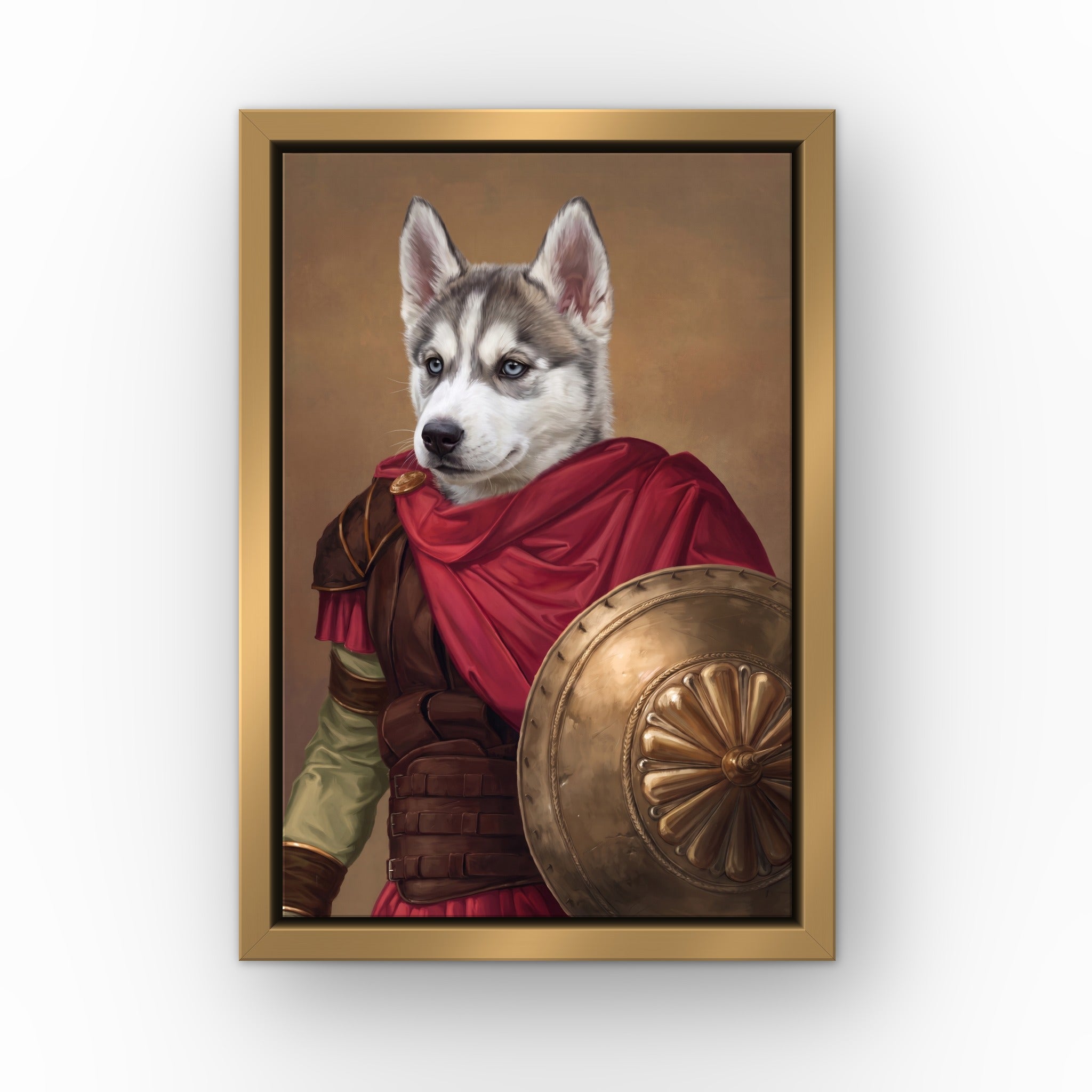 The Gladiator custom pet canvas in a gold floating frame