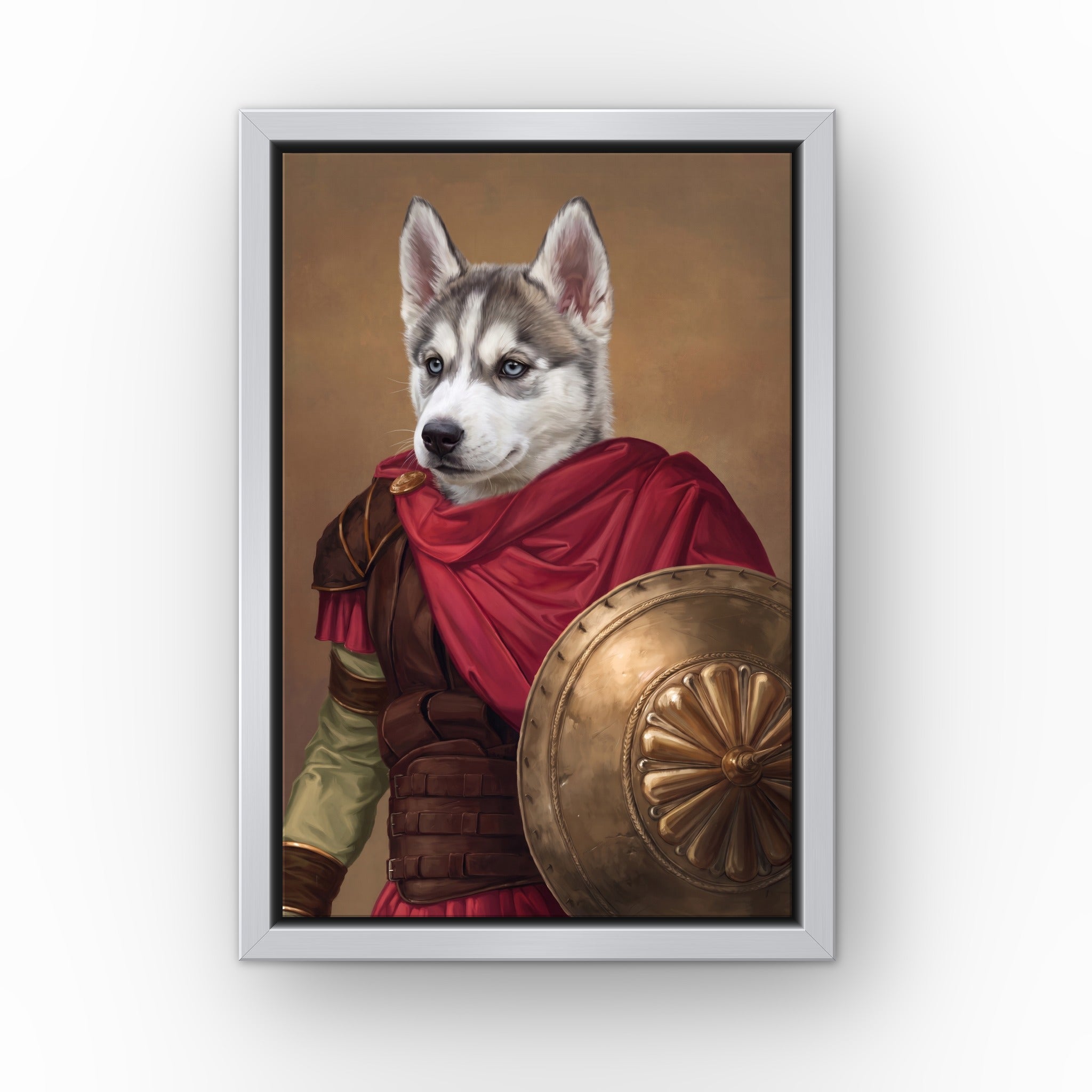 The Gladiator custom pet canvas in a silver floating frame