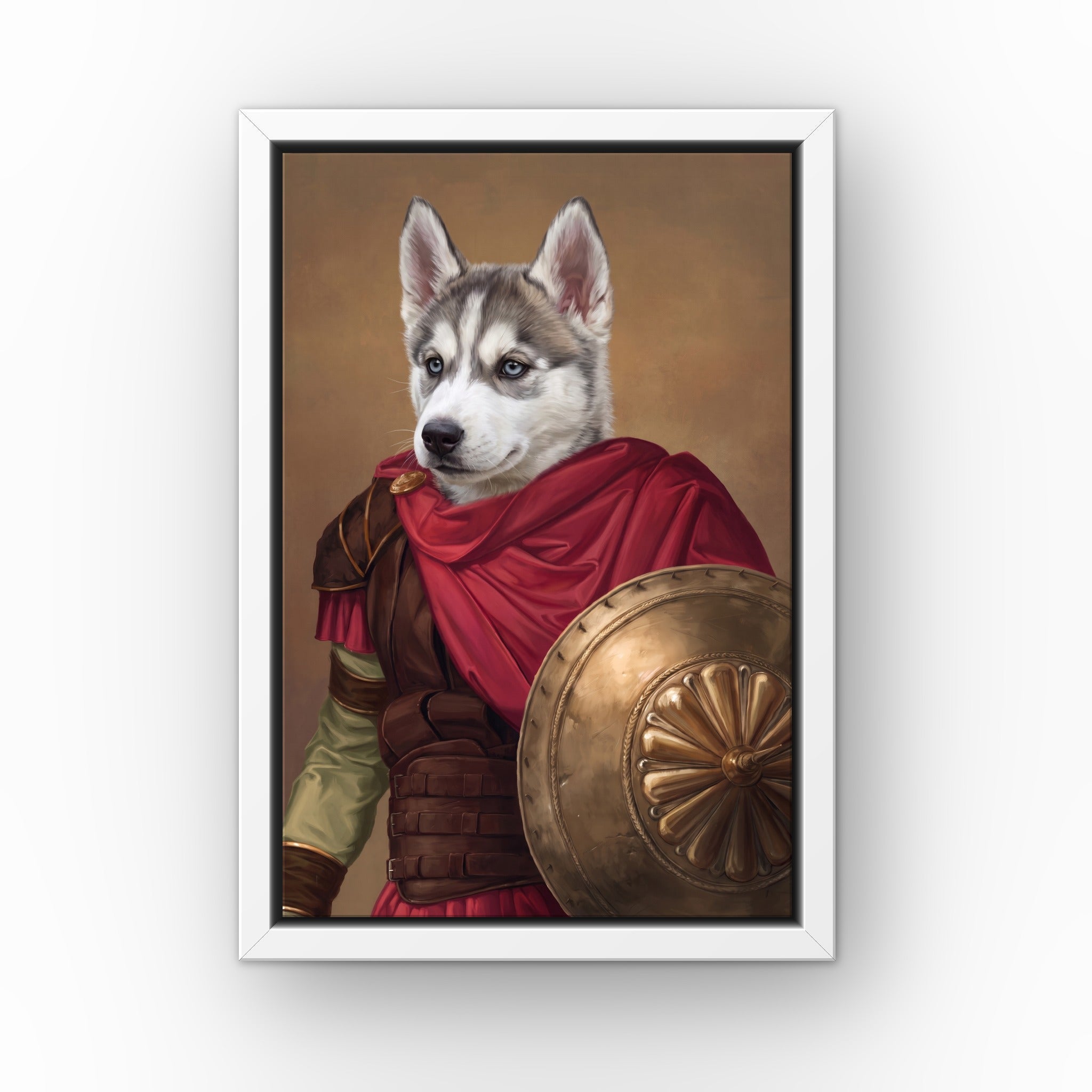 The Gladiator custom pet canvas in a white floating frame