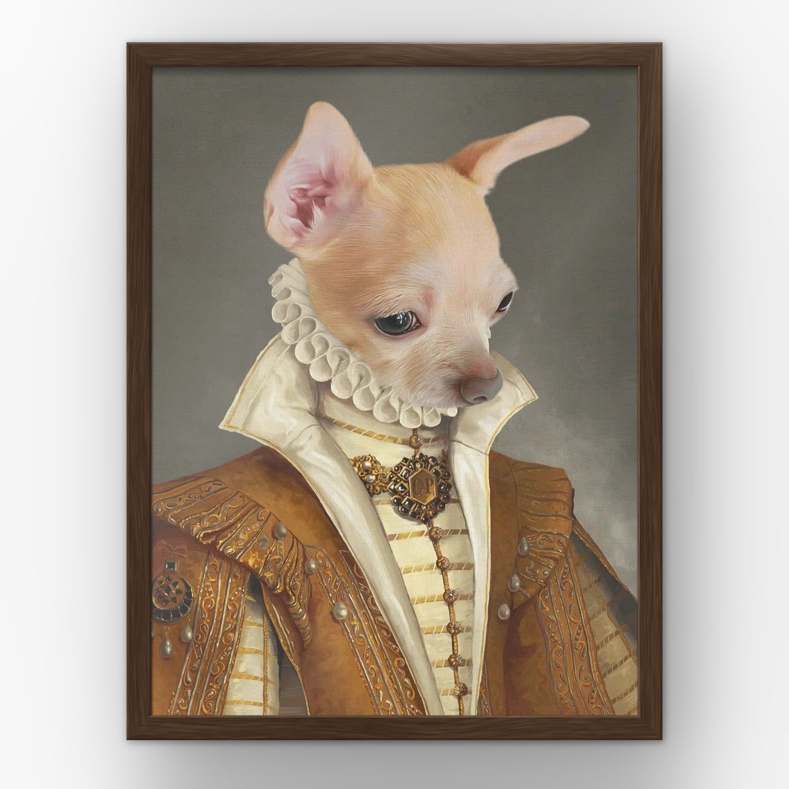 The Golden Princess custom pet poster in a walnut frame
