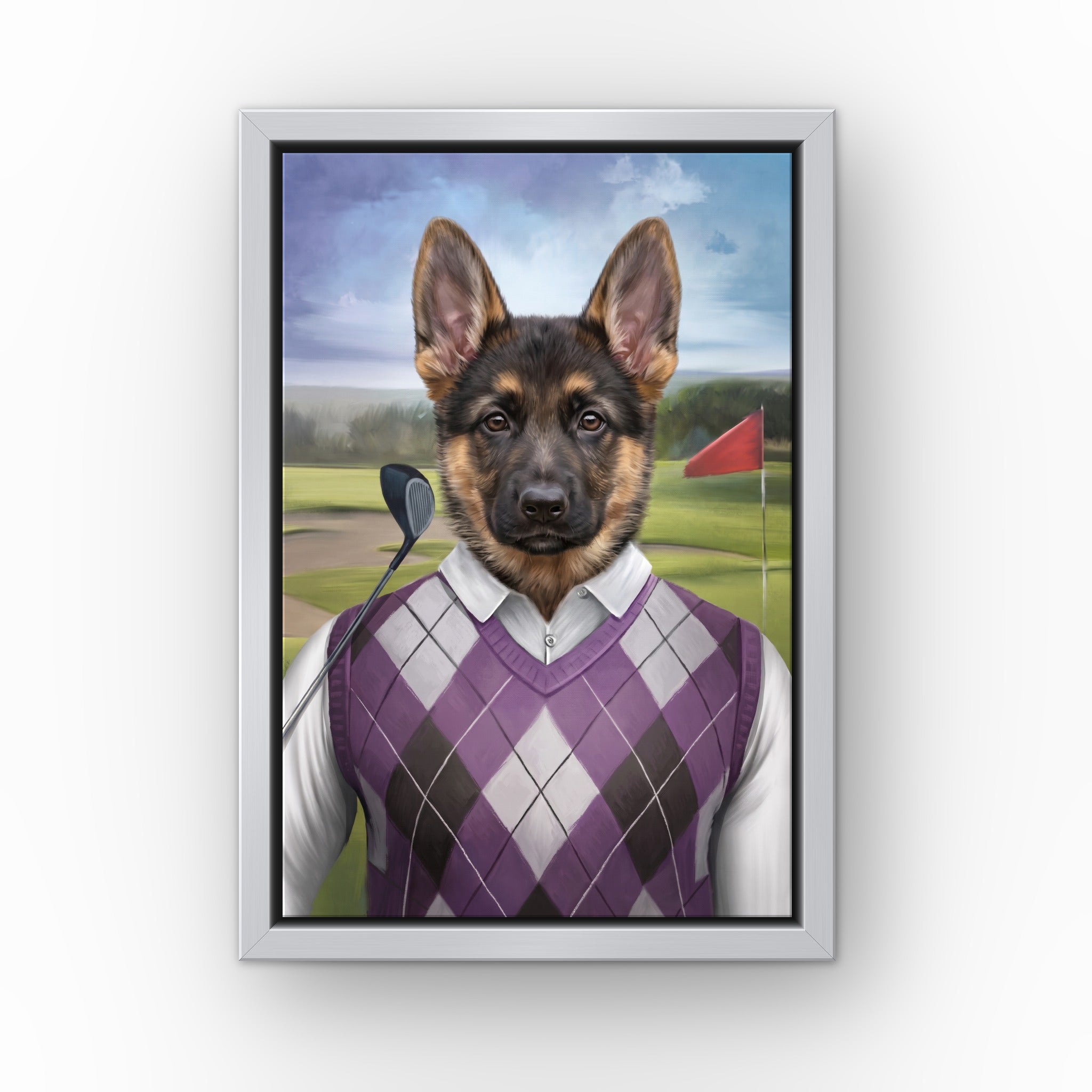 The Golfer custom pet canvas in a silver floating frame