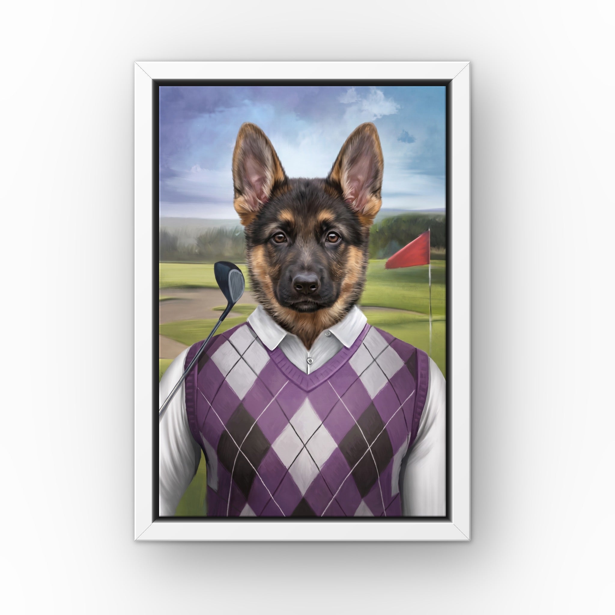 The Golfer custom pet canvas in a white floating frame