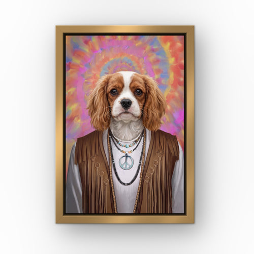 The Hippie custom pet canvas in a gold floating frame