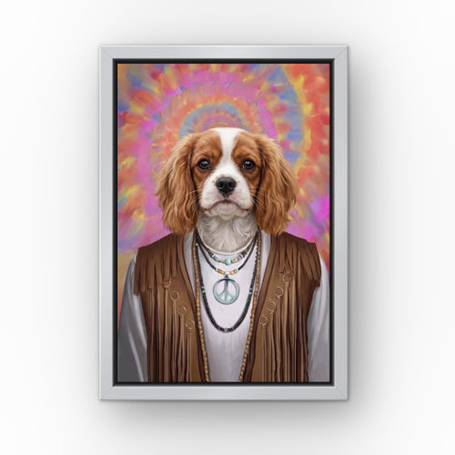 The Hippie custom pet canvas in a silver floating frame