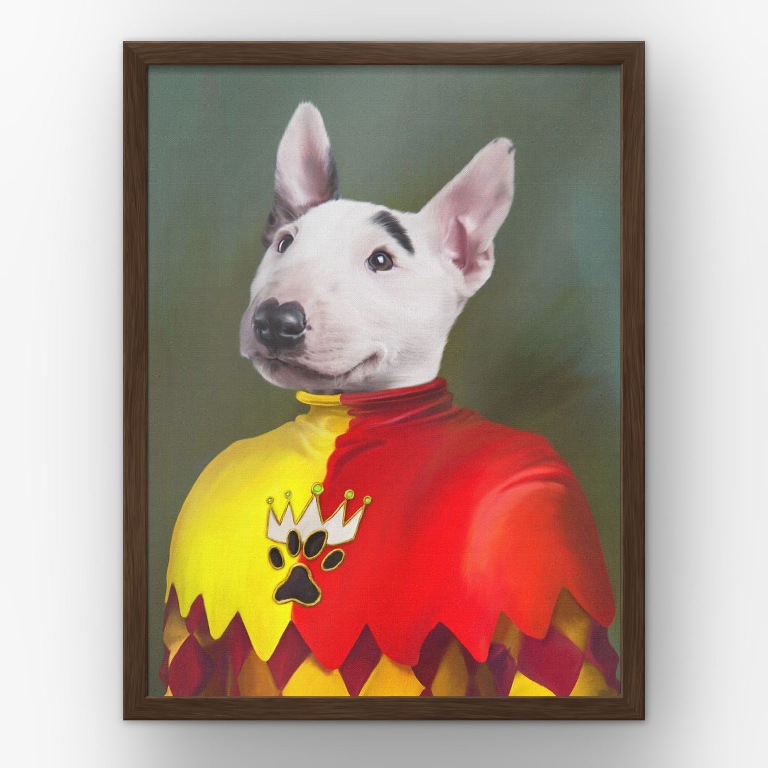 The Jester custom pet poster in a walnut frame