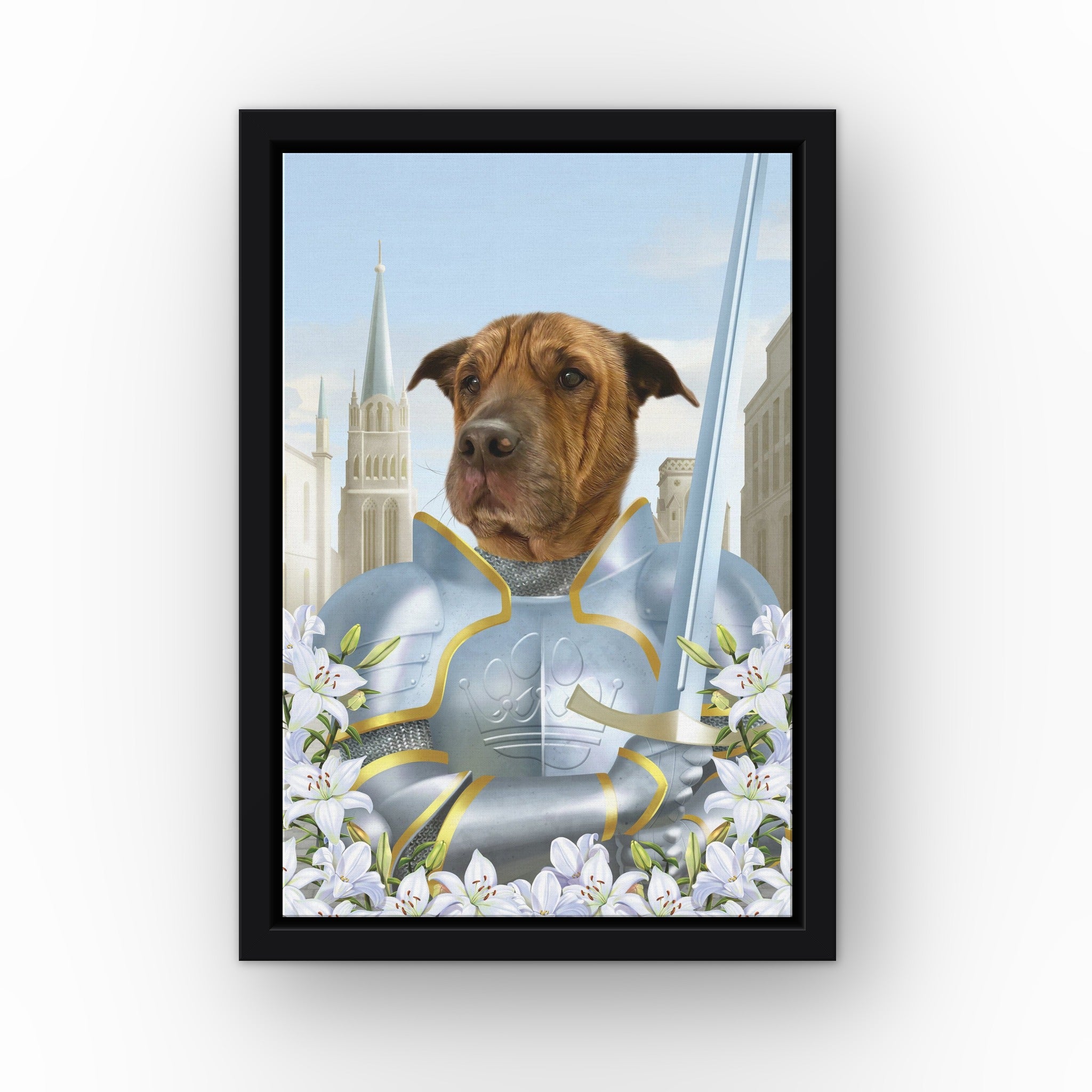 The Joan custom pet canvas in a black floating frame