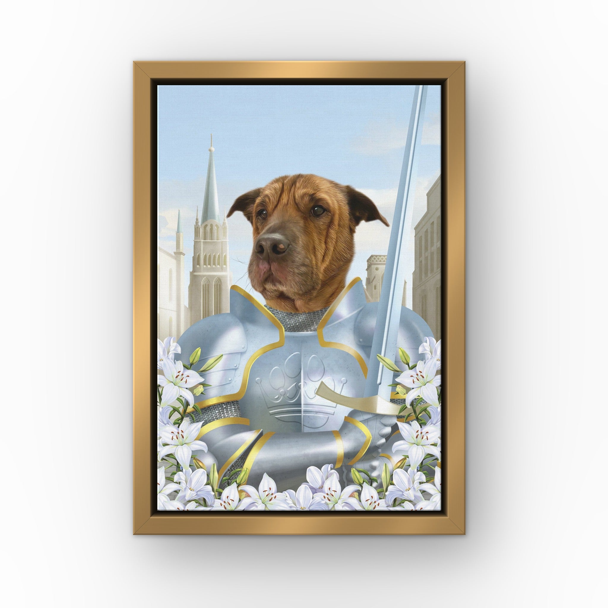 The Joan custom pet canvas in a gold floating frame
