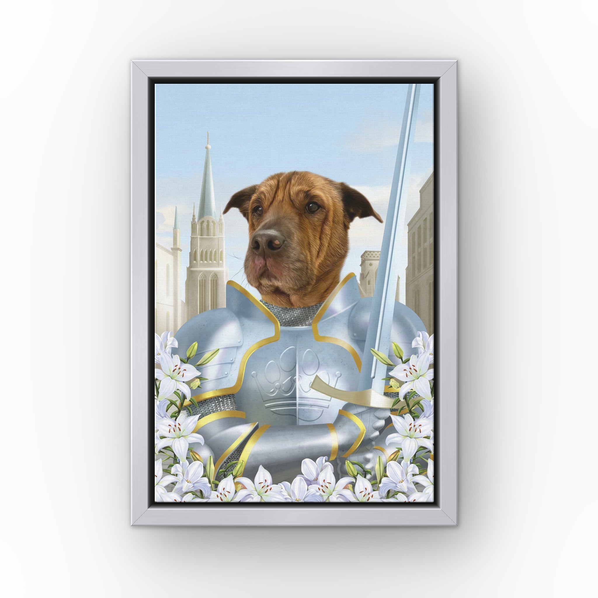 The Joan custom pet canvas in a silver floating frame
