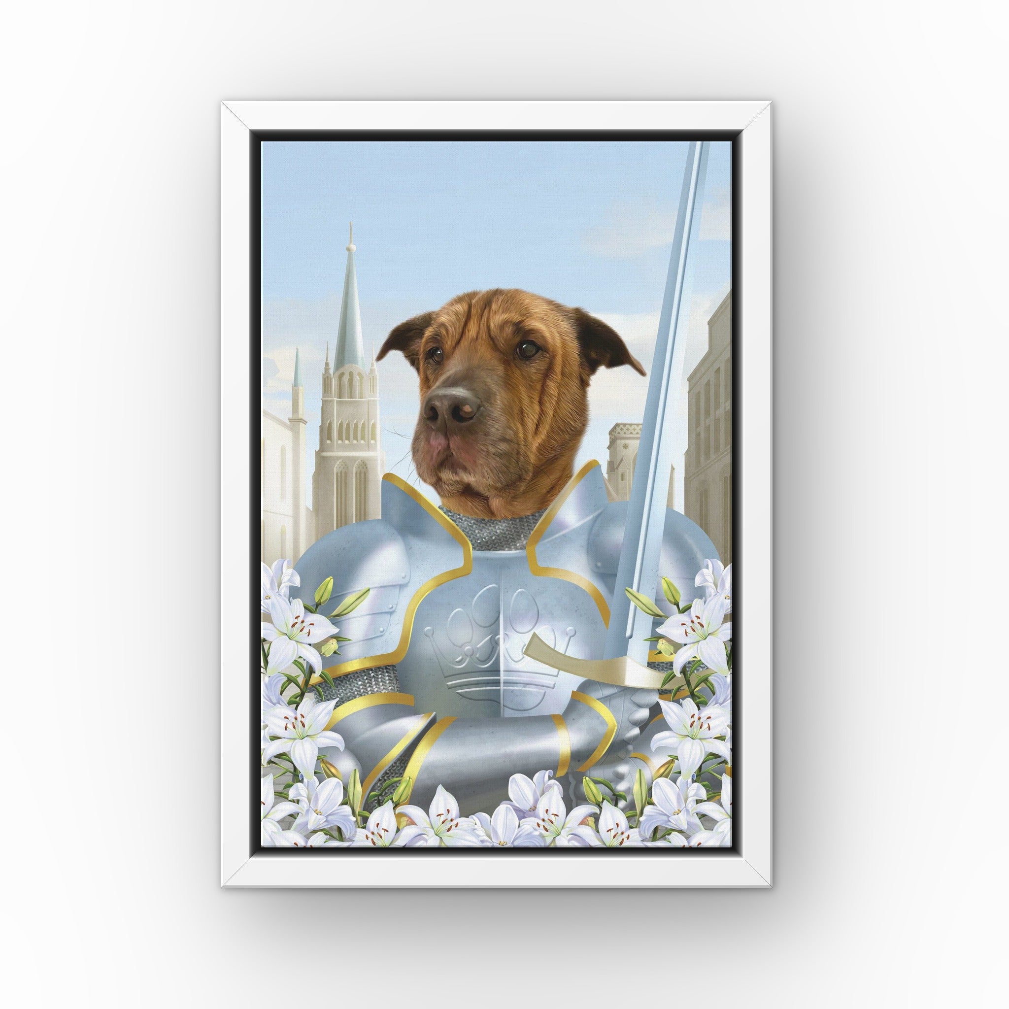 The Joan custom pet canvas in a white floating frame