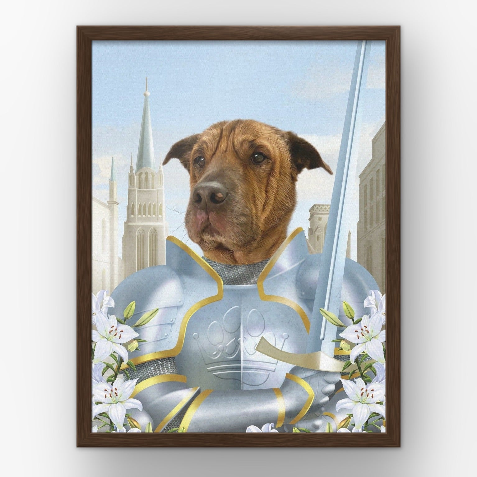 The Joan custom pet poster in a walnut frame