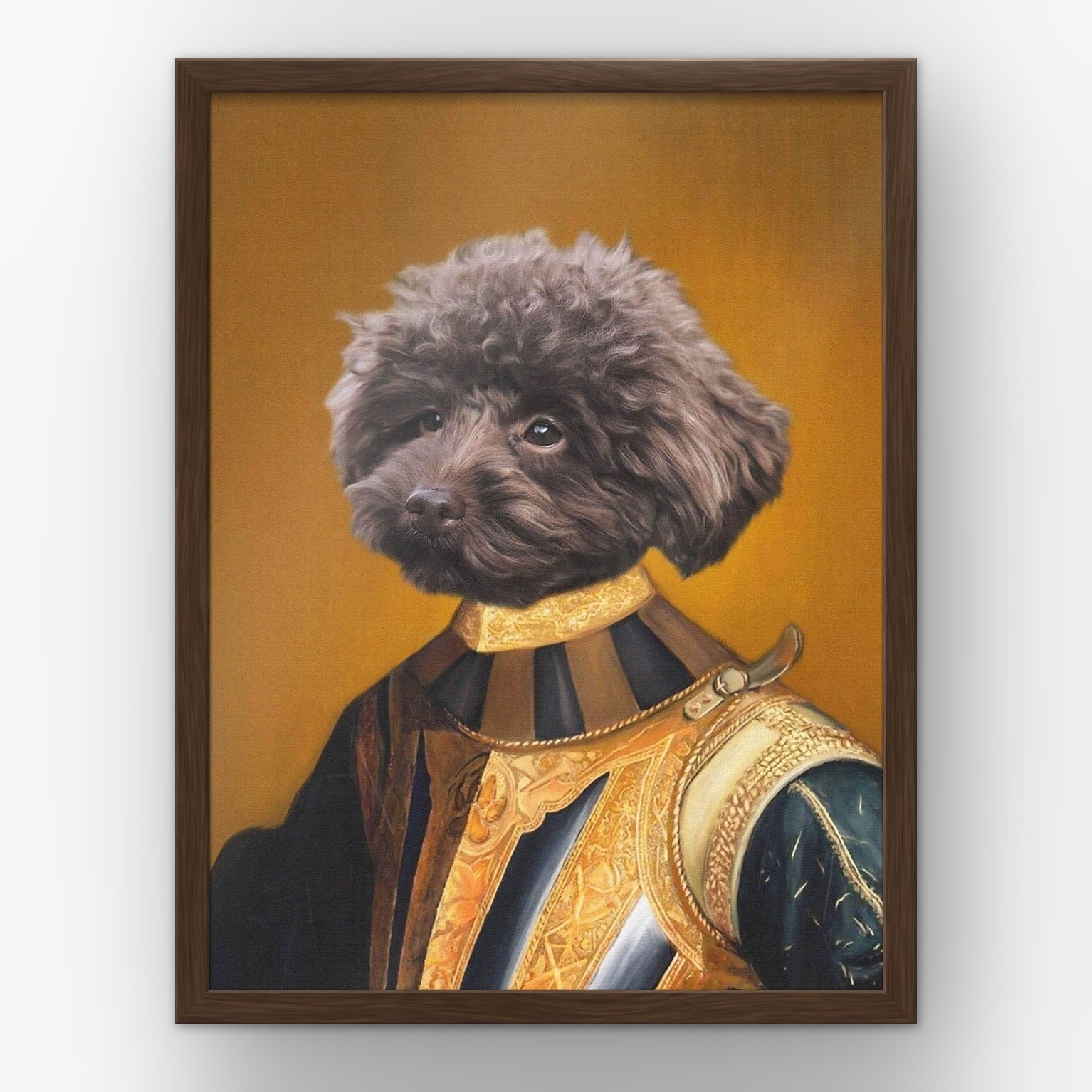 The Knight custom pet poster in a walnut frame
