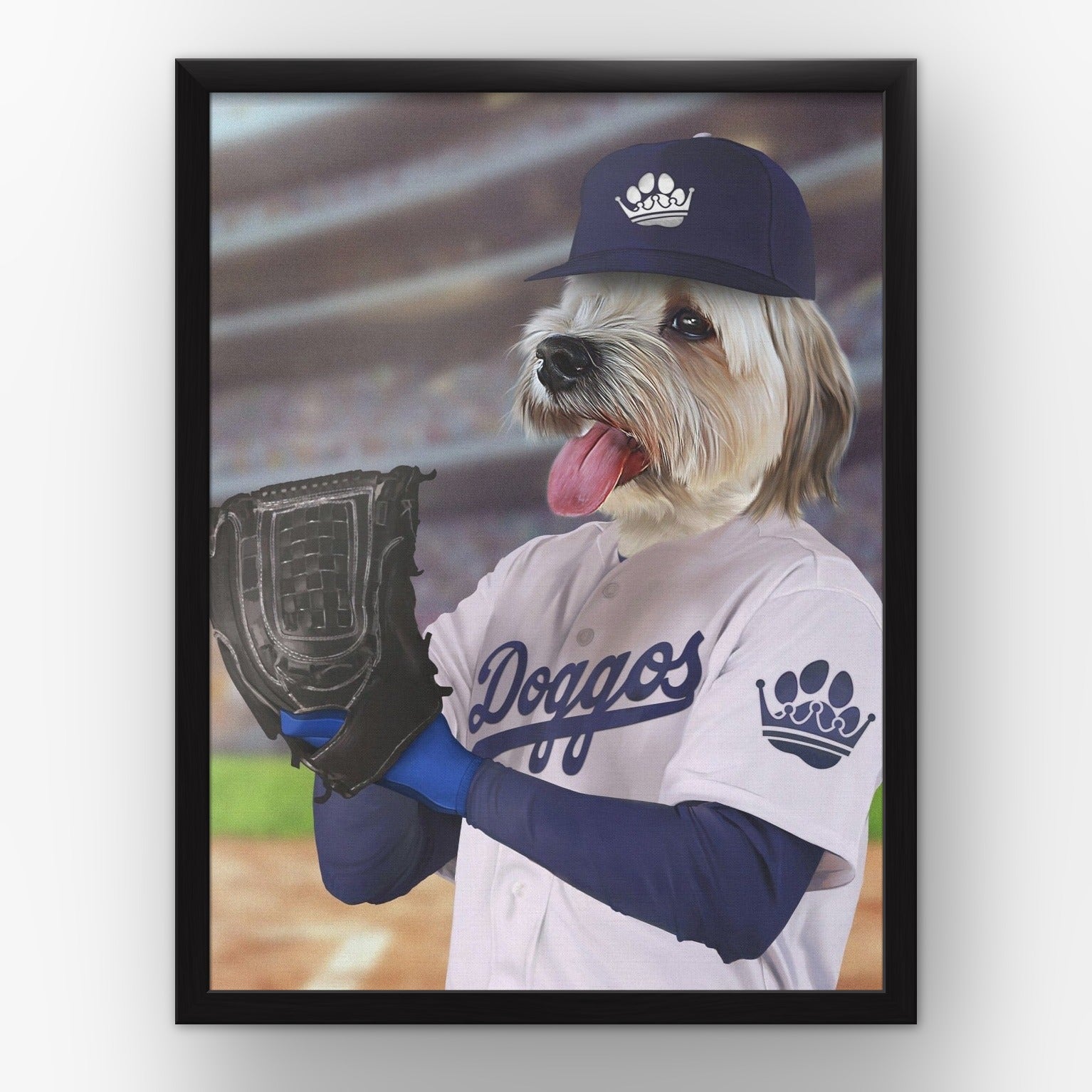 The LA Doggos custom pet poster in a black frame
