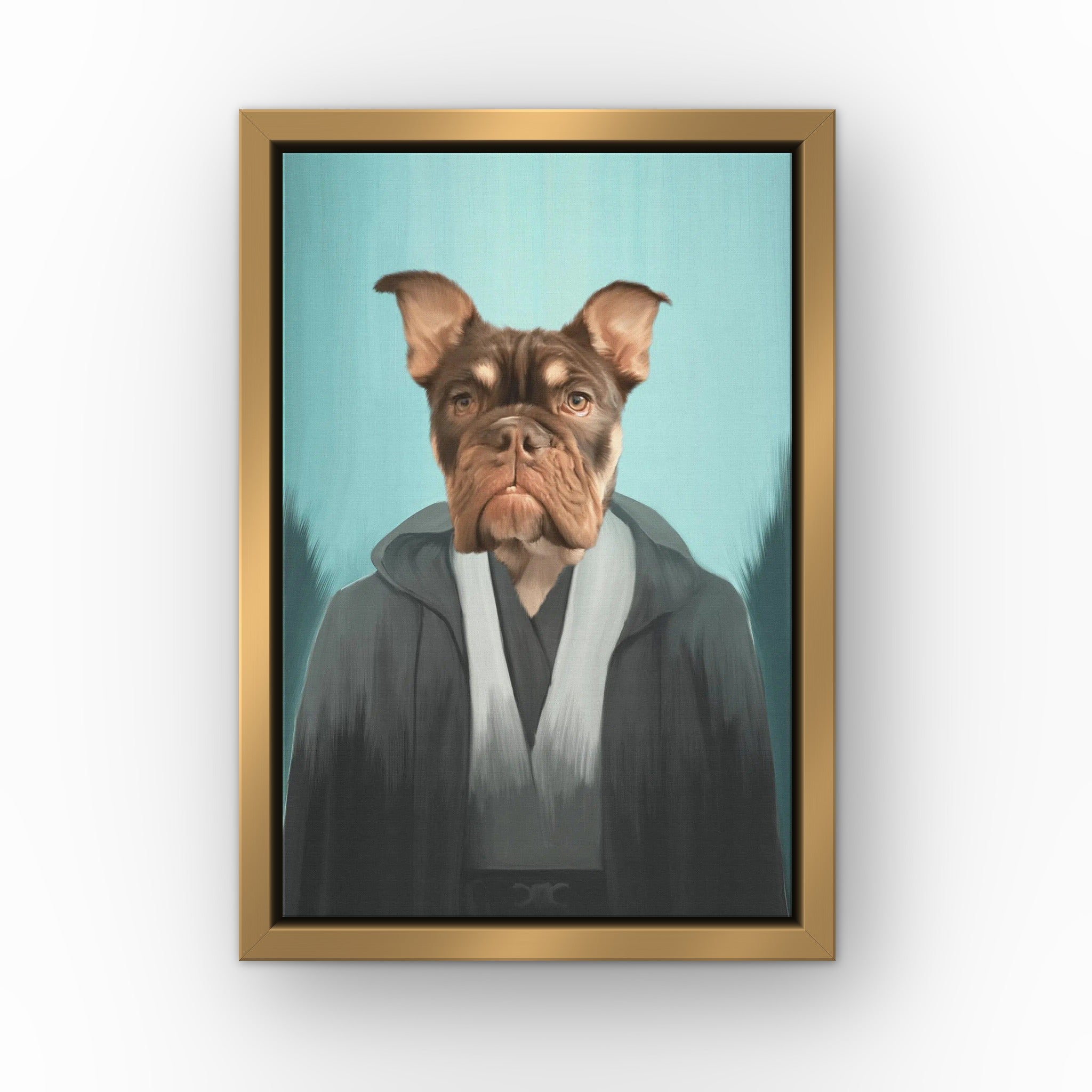 The Light Side custom pet canvas in a gold floating frame