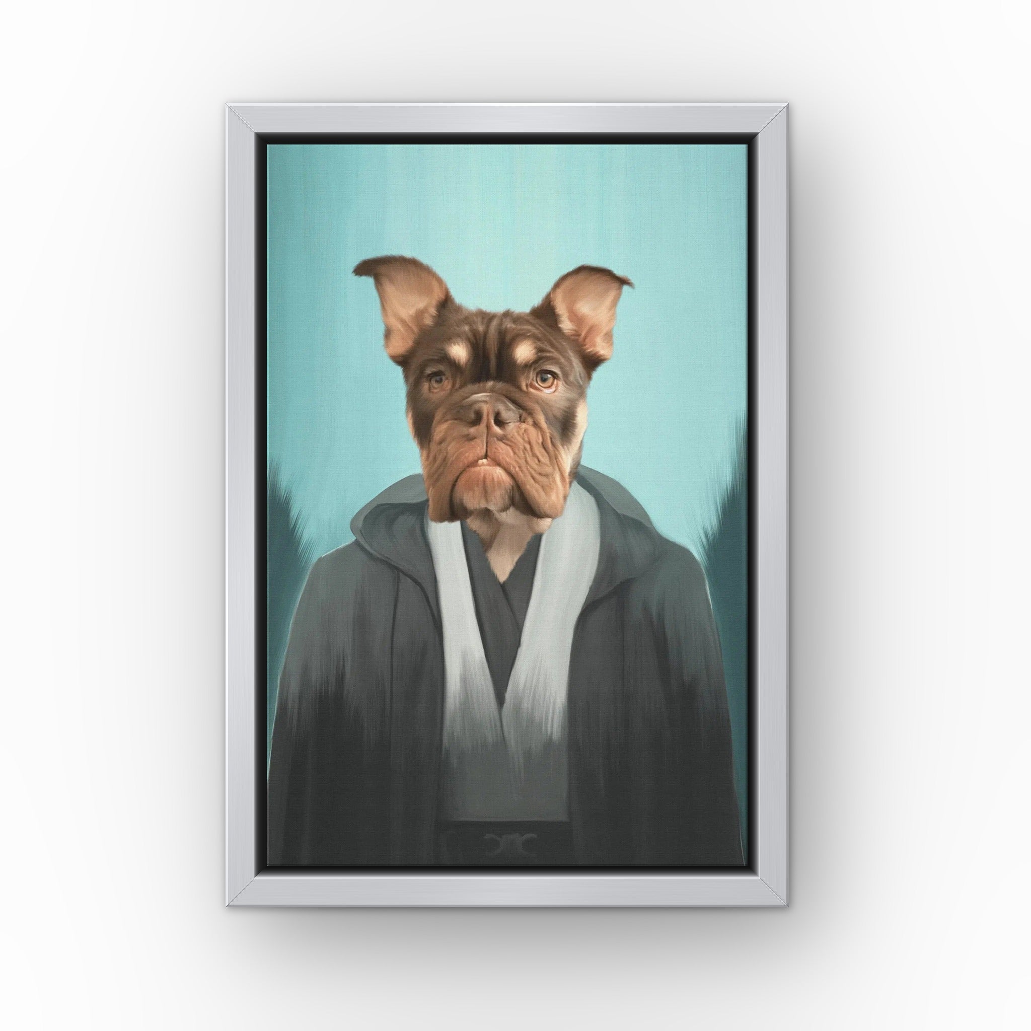 The Light Side custom pet canvas in a silver floating frame
