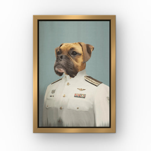 The Male Coast Guard custom pet canvas in a gold floating frame