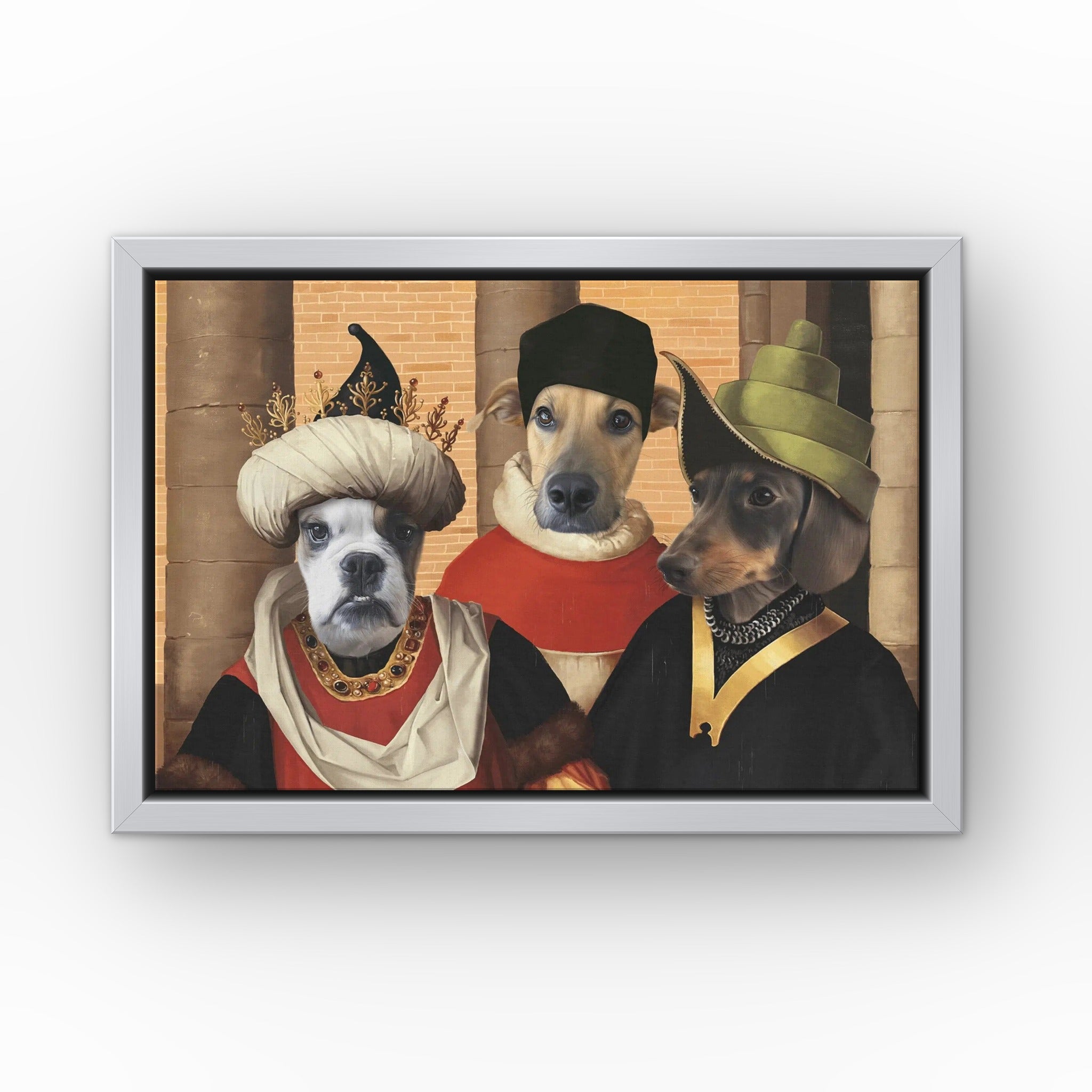 The Merchants custom pet canvas in a silver floating frame