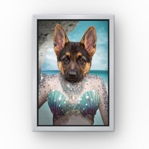 The Mermaid custom pet canvas in a silver floating frame