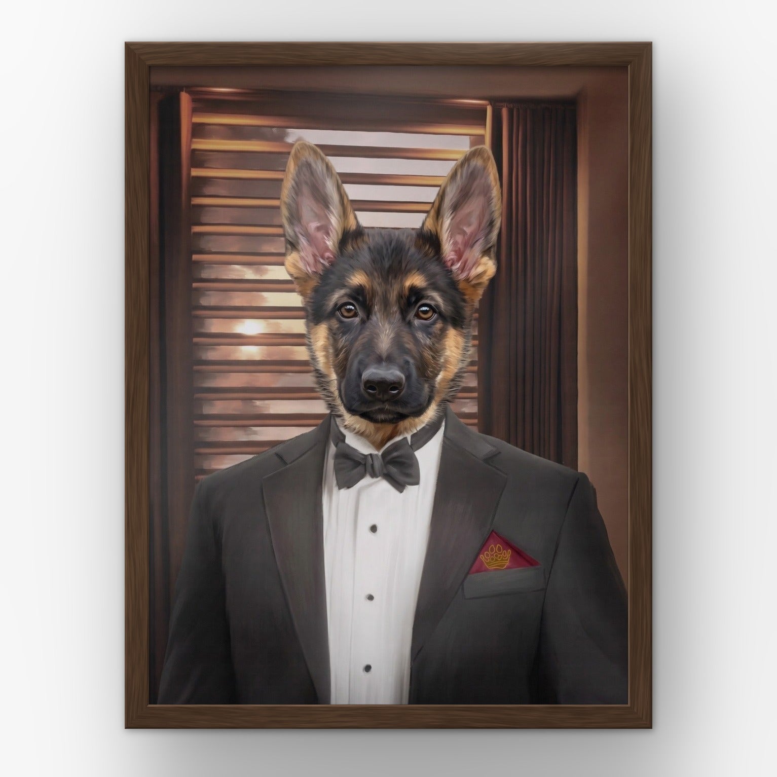 The Mobster custom pet poster in a walnut frame
