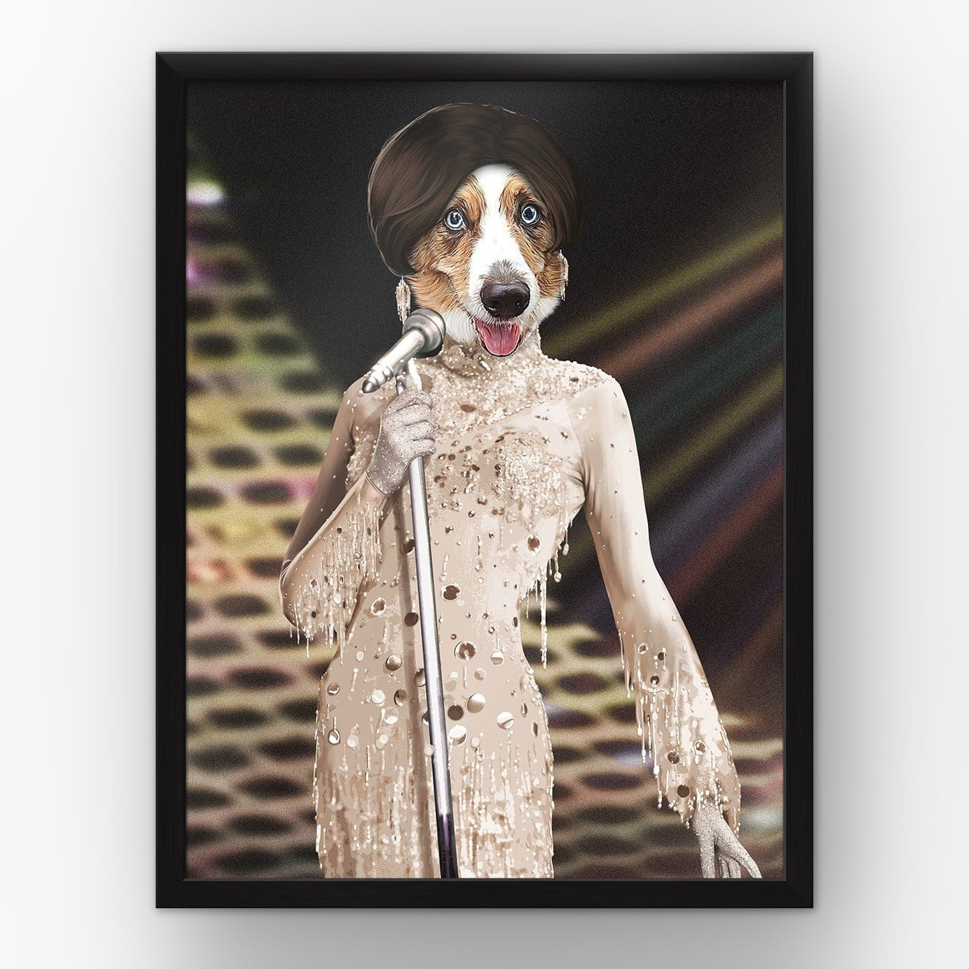 The Motown Queen custom pet poster in a black frame