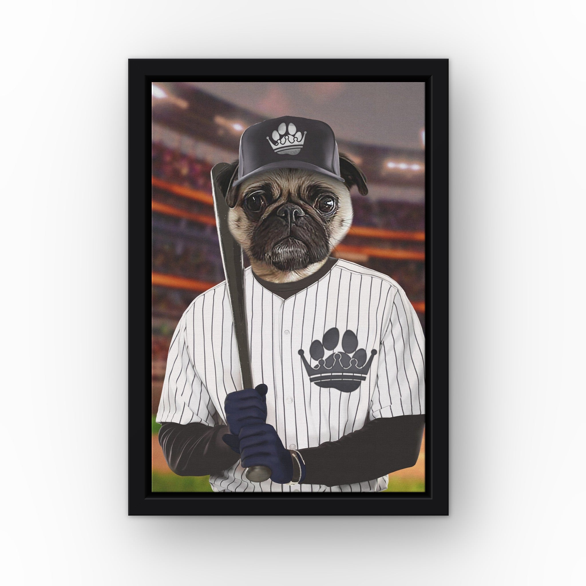 The NY Zoomies custom pet canvas in a black floating frame