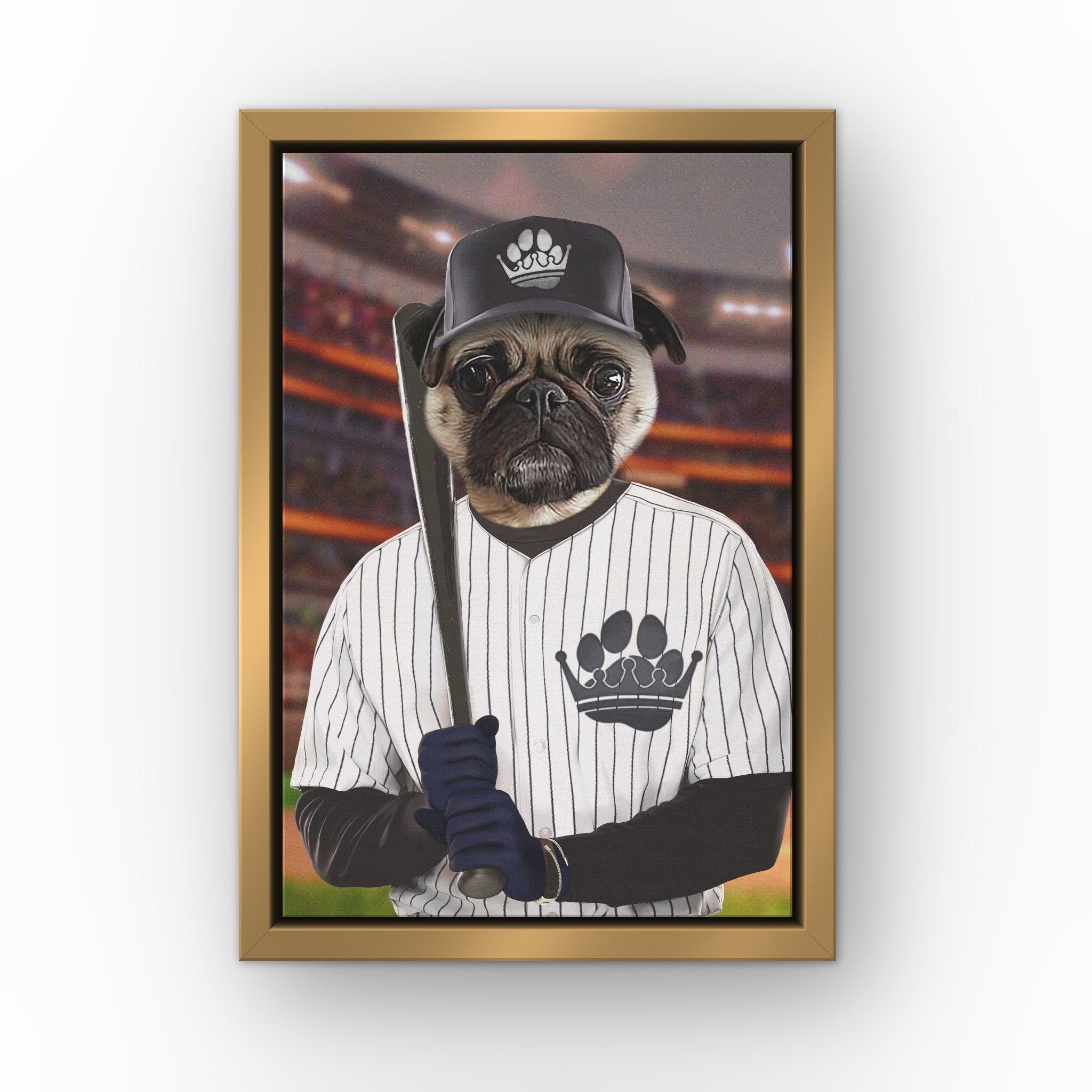 The NY Zoomies custom pet canvas in a gold floating frame
